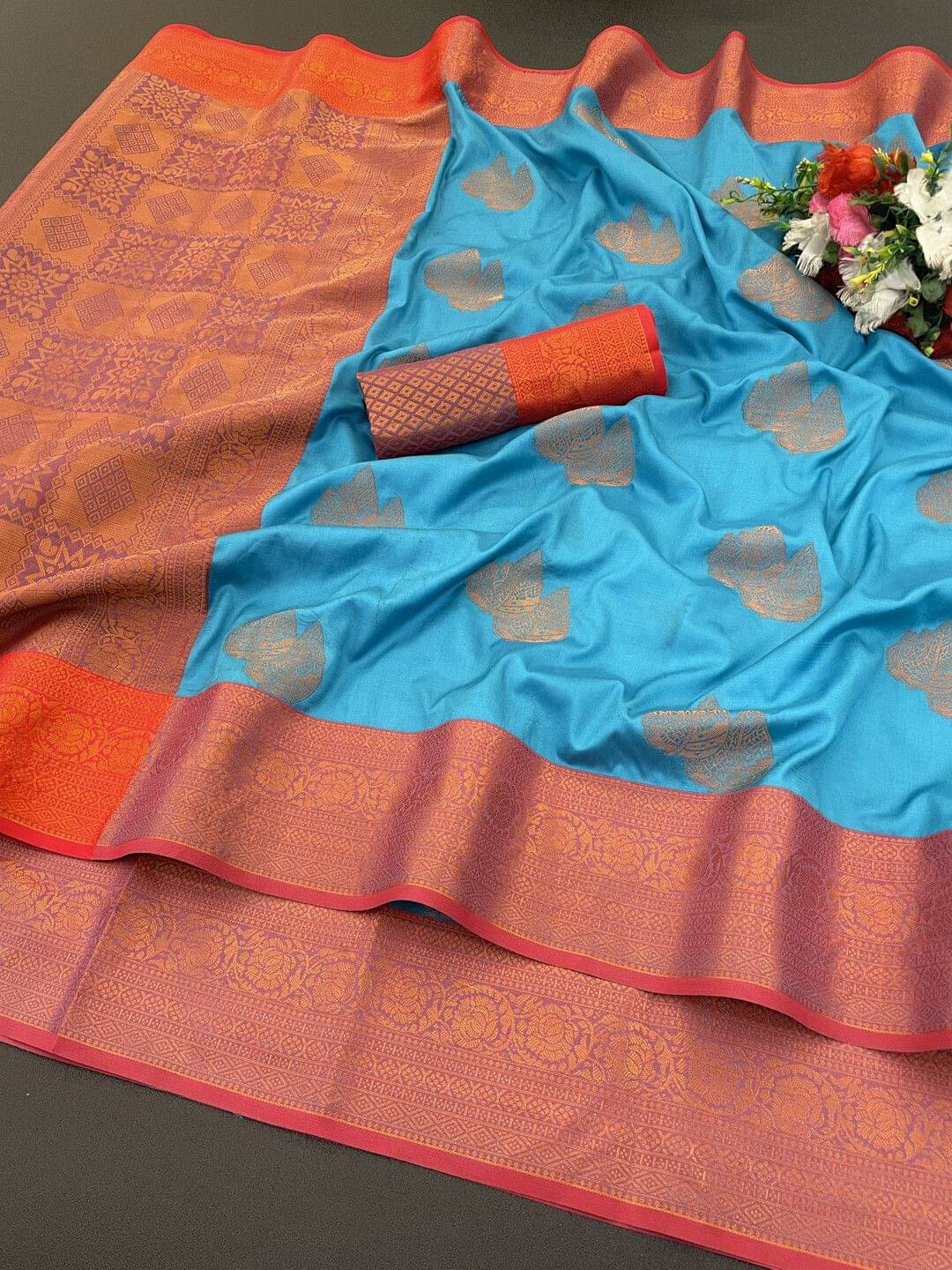 Krisha Enterprise Jacquard Printed Regular Saree With Unstitched Blouse Piece ( Light Blue ) Krisha Enterprise Jacquard Printed Regular Saree With Unstitched Blouse Piece ( Light Blue )