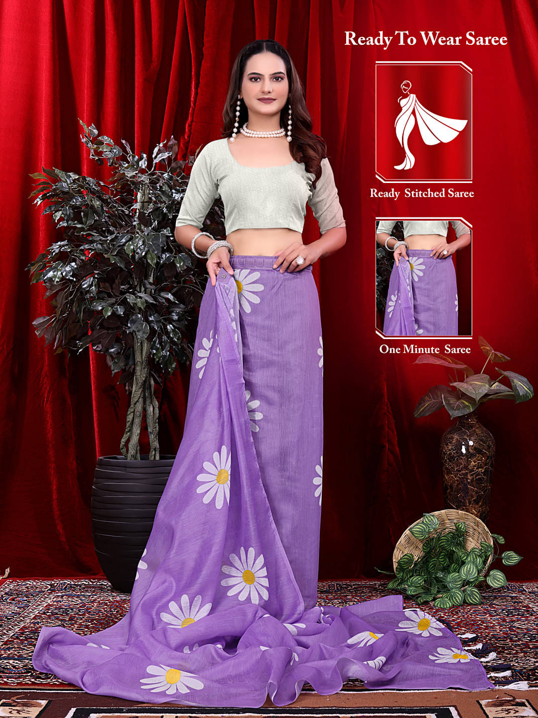    			Krisha Enterprise Linen Printed Regular Saree With Unstitched Blouse Piece ( Purple )