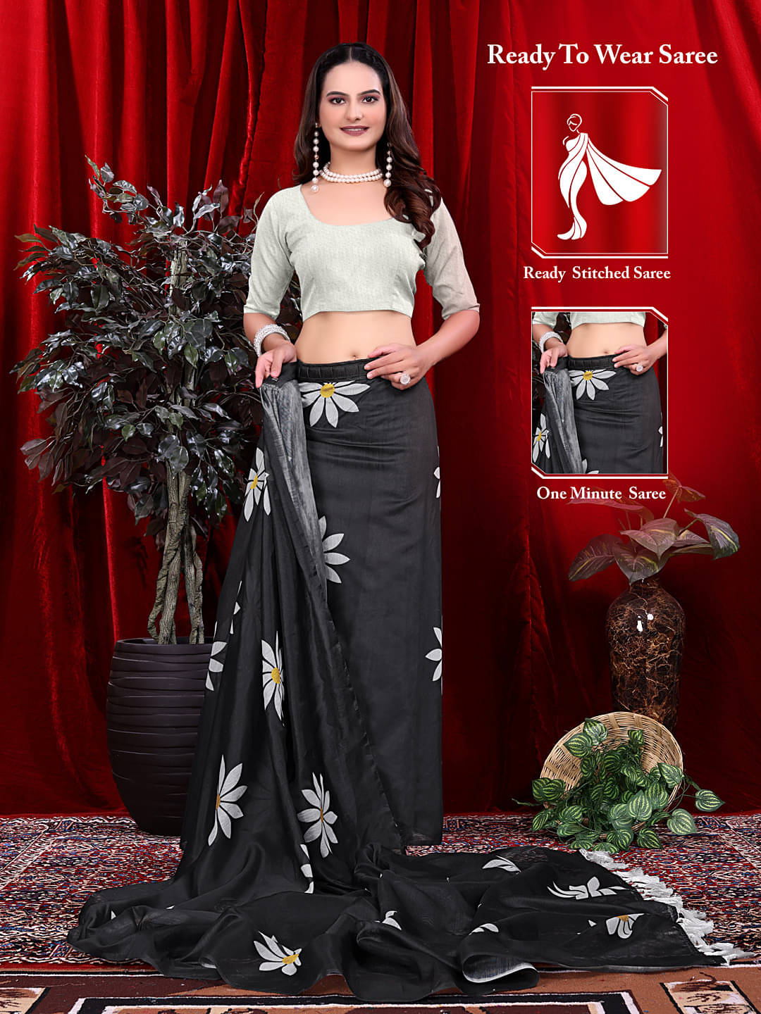     			Krisha Enterprise Linen Printed Regular Saree With Unstitched Blouse Piece ( Black )