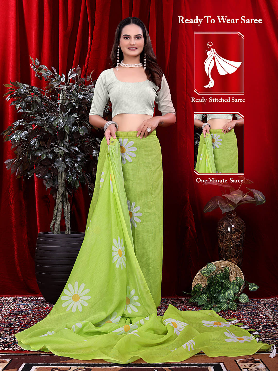     			Krisha Enterprise Linen Printed Regular Saree With Unstitched Blouse Piece ( Light Green )