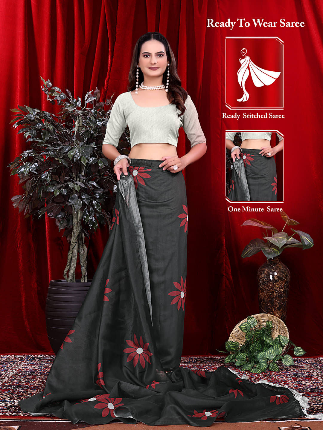     			Krisha Enterprise Linen Printed Regular Saree With Unstitched Blouse Piece ( Black )