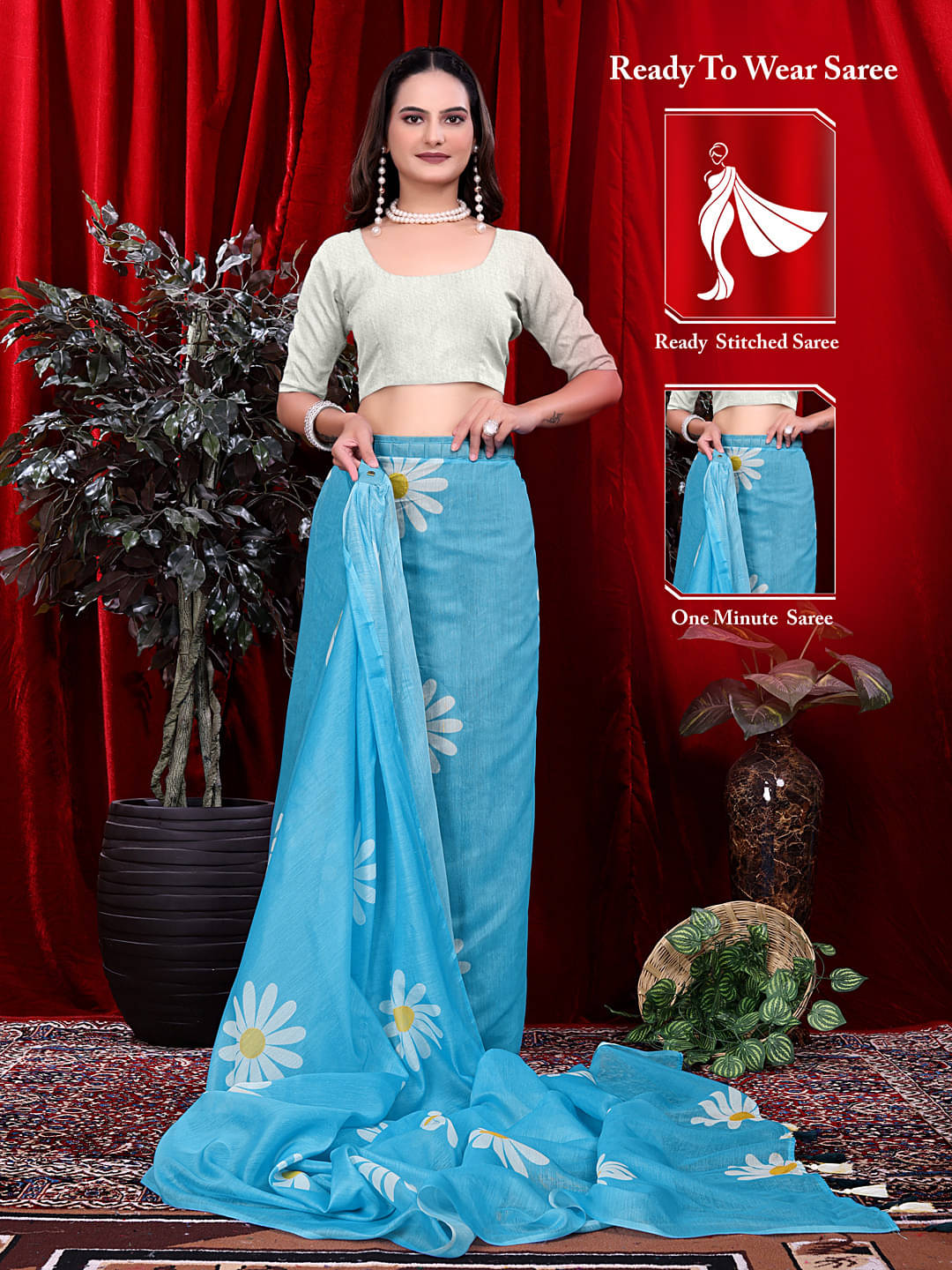     			Krisha Enterprise Linen Printed Regular Saree With Unstitched Blouse Piece ( Light Blue )