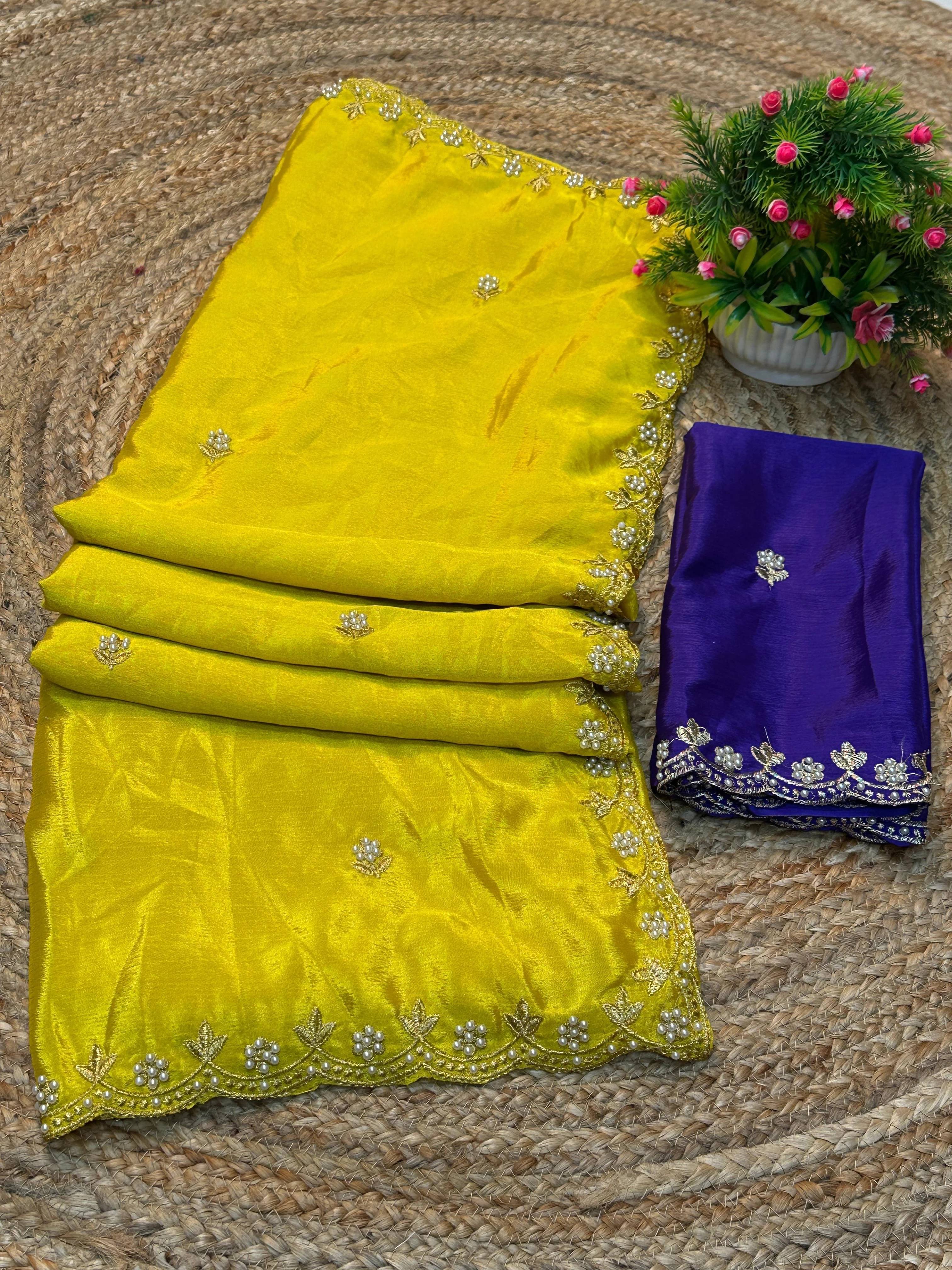 Krisha Enterprise Silk Blend Embellished Regular Saree With Unstitched Blouse Piece ( Yellow ) Krisha Enterprise Silk Blend Embellished Regular Saree With Unstitched Blouse Piece ( Yellow )