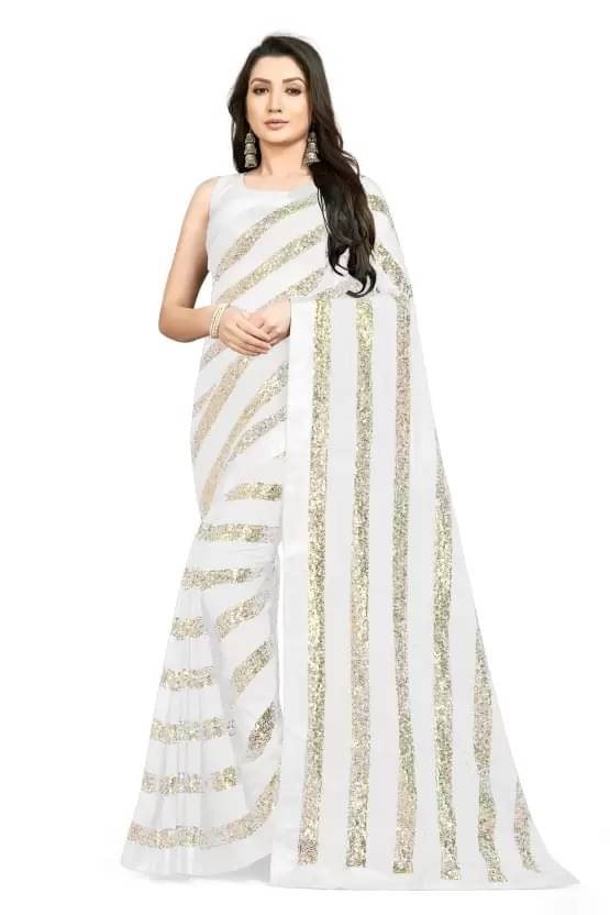     			Lady Shopi Georgette Embroidered Regular Saree With Unstitched Blouse Piece ( White )