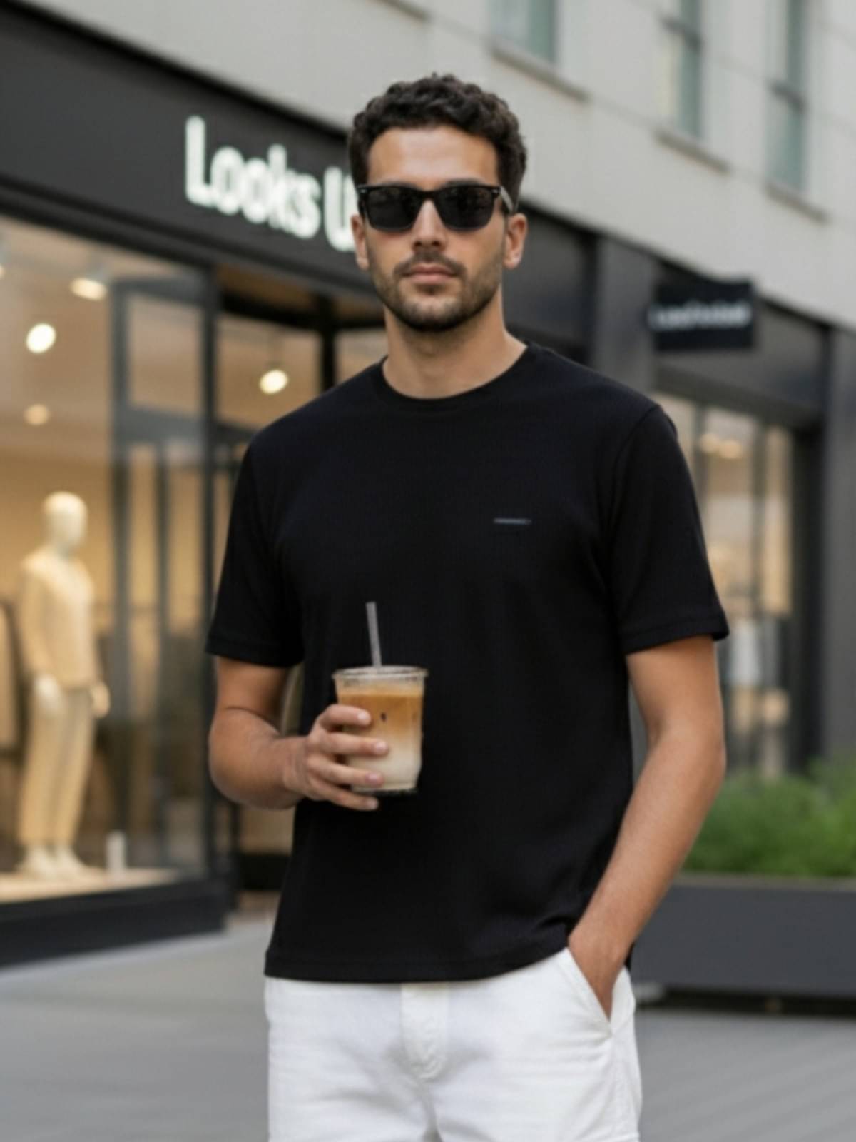     			Looks United Men Cotton Blend Regular Fit Solid T-Shirt ( Black )