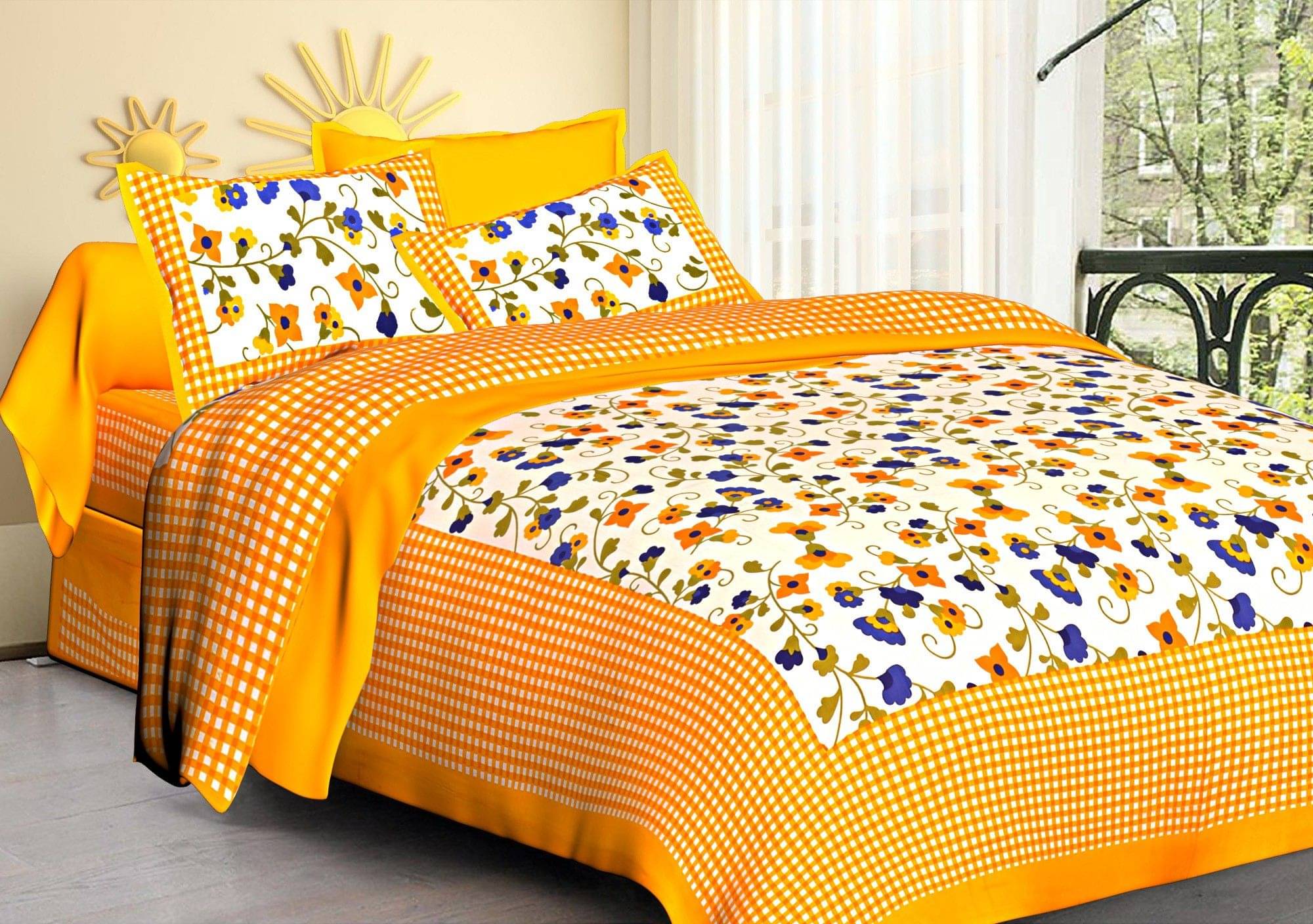 Navkaar Creation Cotton 1 Double Bedsheet with 2 Pillow Covers ( Yellow )     			Navkaar Creation Cotton 1 Double Bedsheet with 2 Pillow Covers ( Yellow )