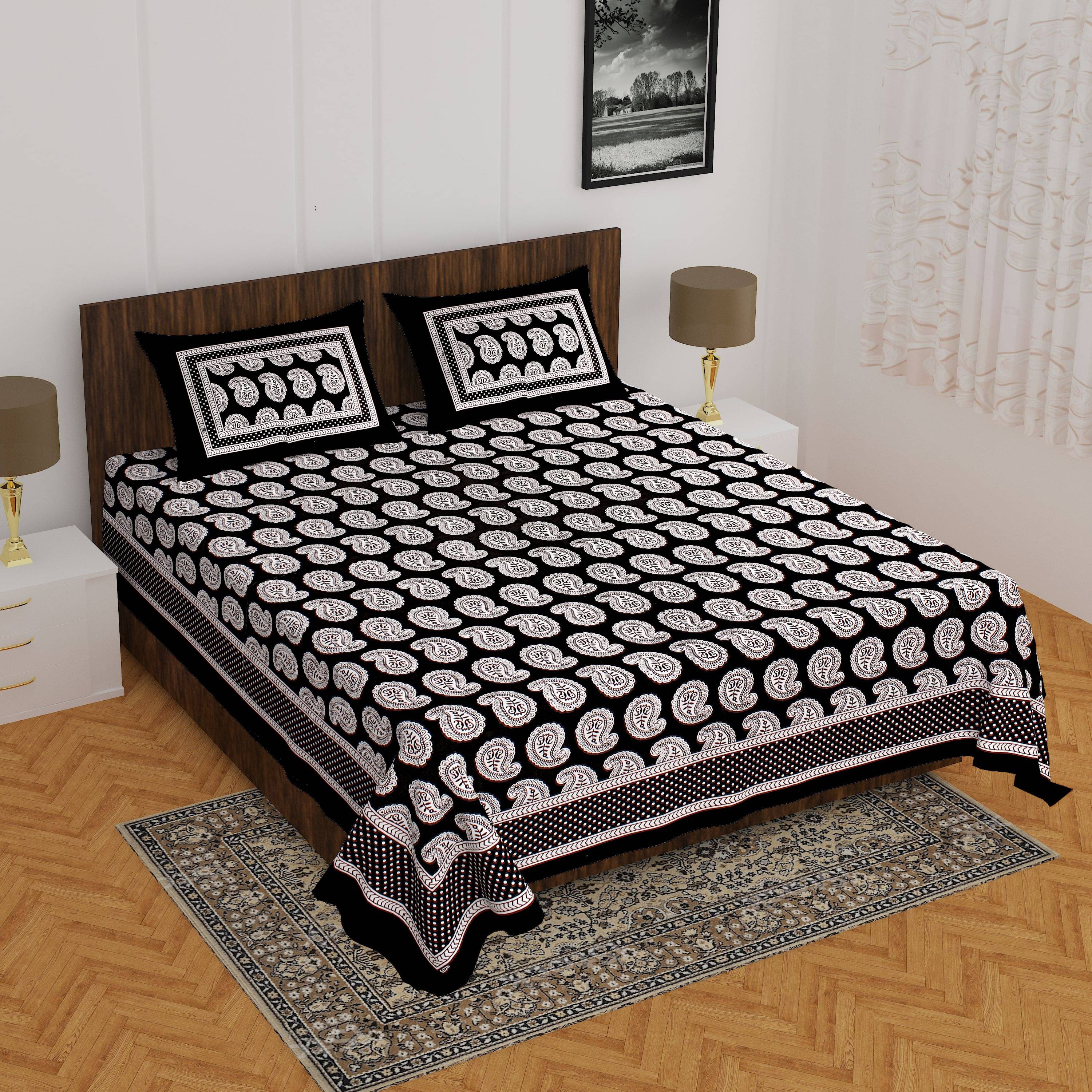     			Navkaar Creation Cotton 1 Double Bedsheet with 2 Pillow Covers ( Black )