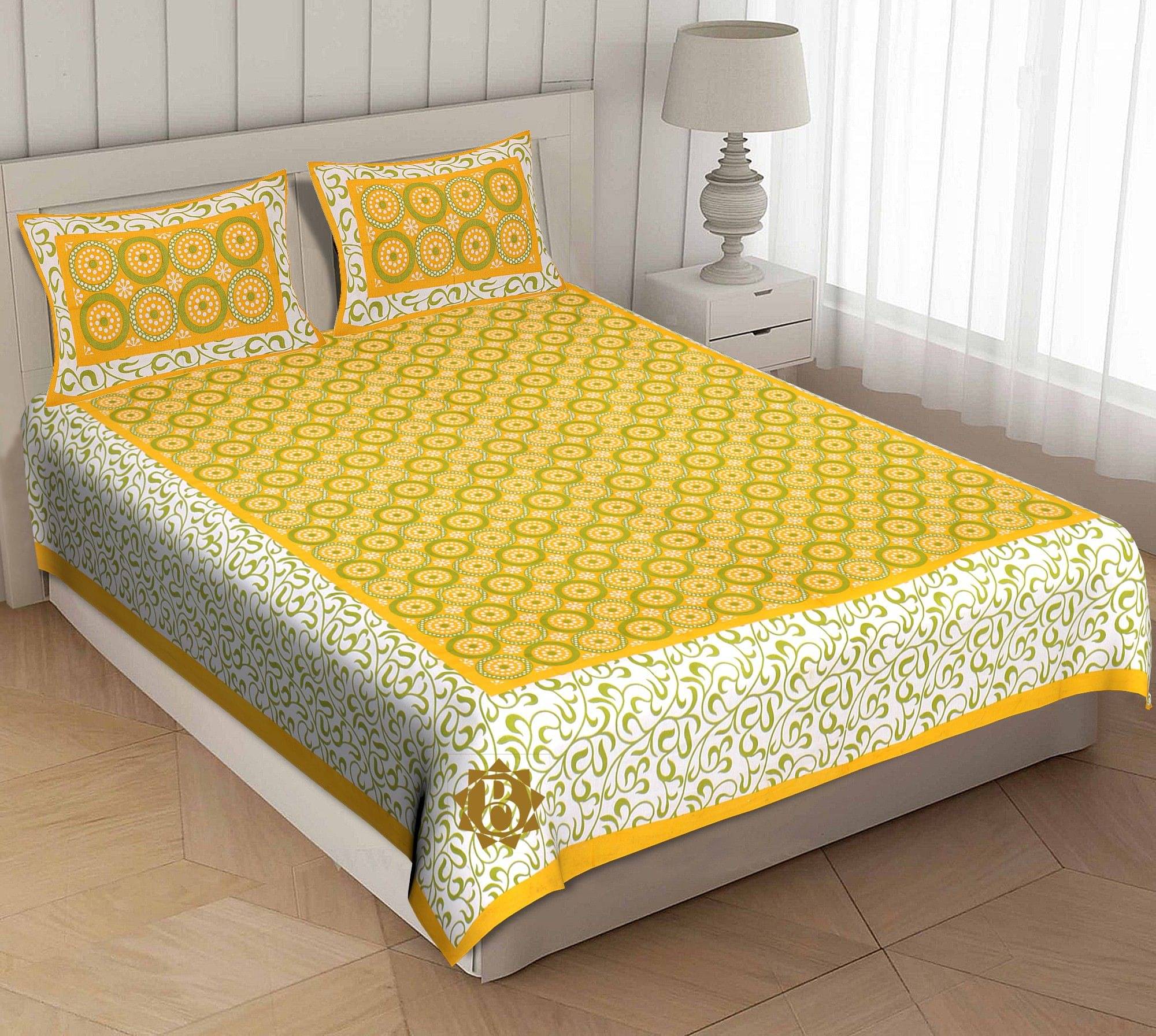 Navkaar Creation Cotton 1 Double Bedsheet with 2 Pillow Covers ( Yellow )     			Navkaar Creation Cotton 1 Double Bedsheet with 2 Pillow Covers ( Yellow )