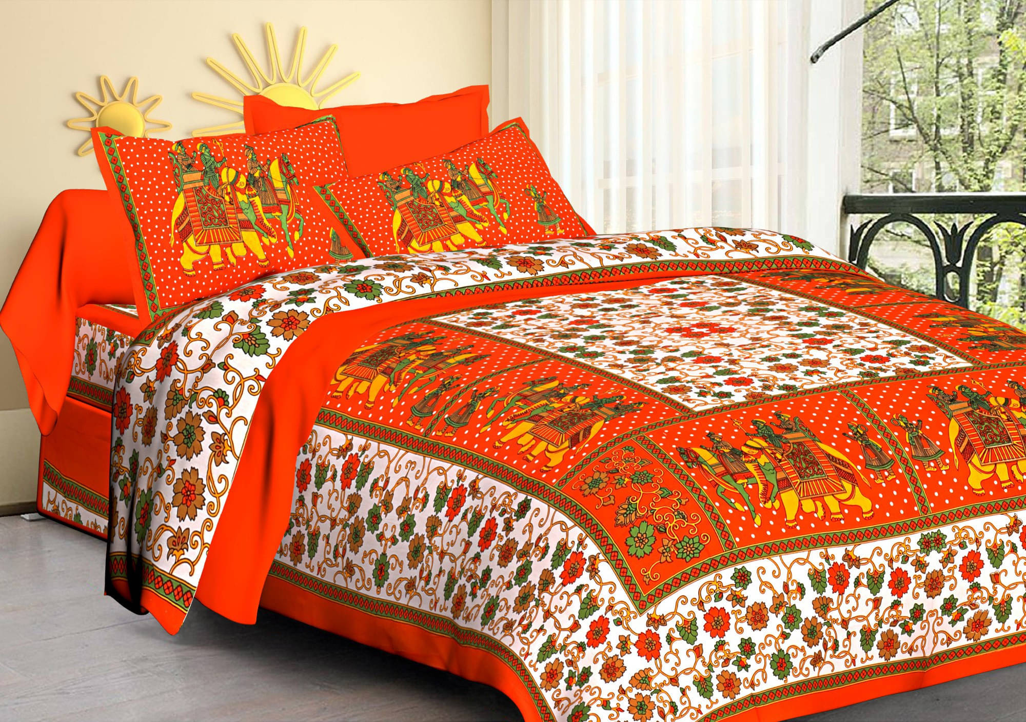     			Navkaar Creation Cotton 1 Double Bedsheet with 2 Pillow Covers ( Orange )
