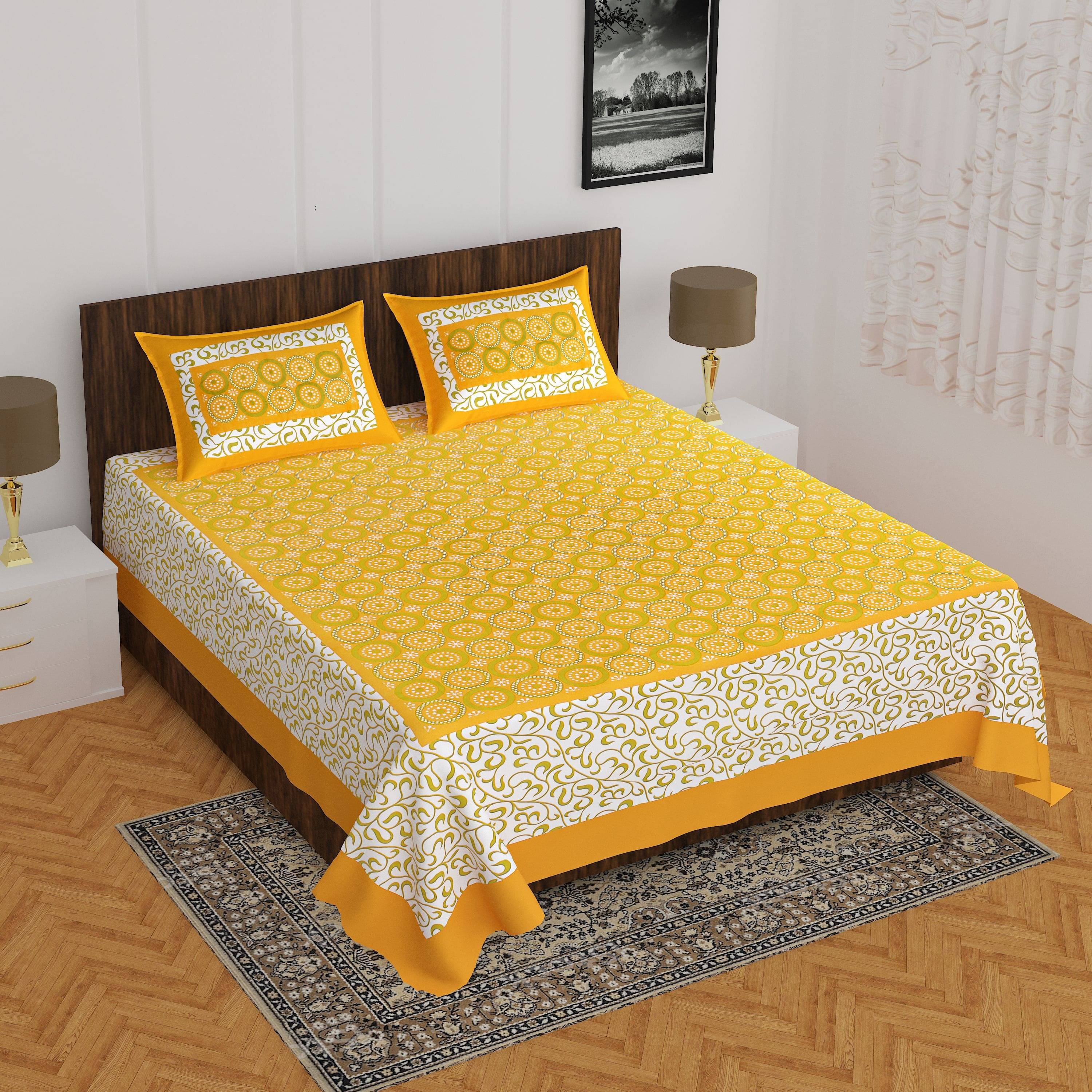 Navkaar Creation Cotton 1 Double Bedsheet with 2 Pillow Covers ( Yellow ) Navkaar Creation Cotton 1 Double Bedsheet with 2 Pillow Covers ( Yellow )