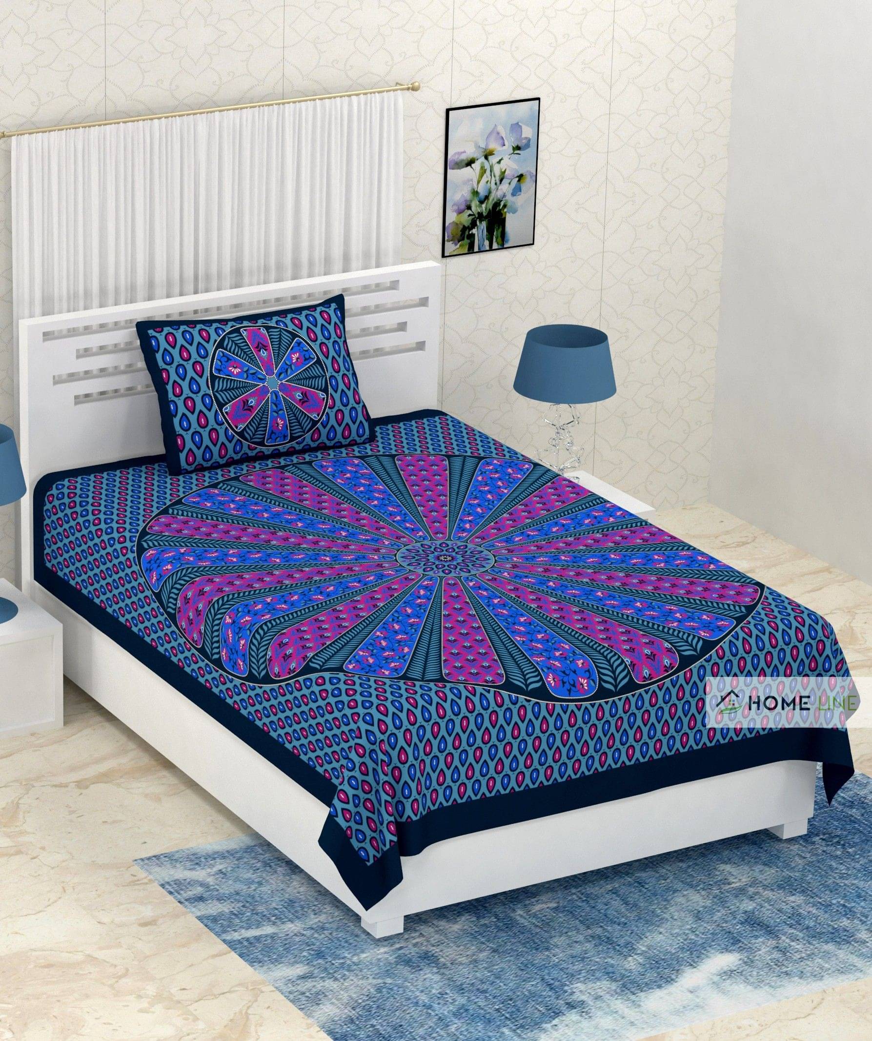     			Navkaar Creation Cotton 1 Single Bedsheet with 1 Pillow Cover ( Blue )