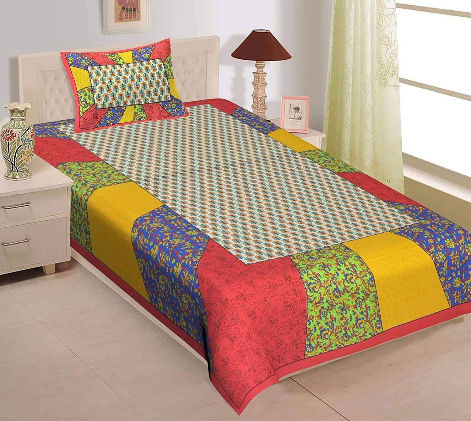     			Navkaar Creation Cotton 1 Single Bedsheet with 1 Pillow Cover ( Multicolor )