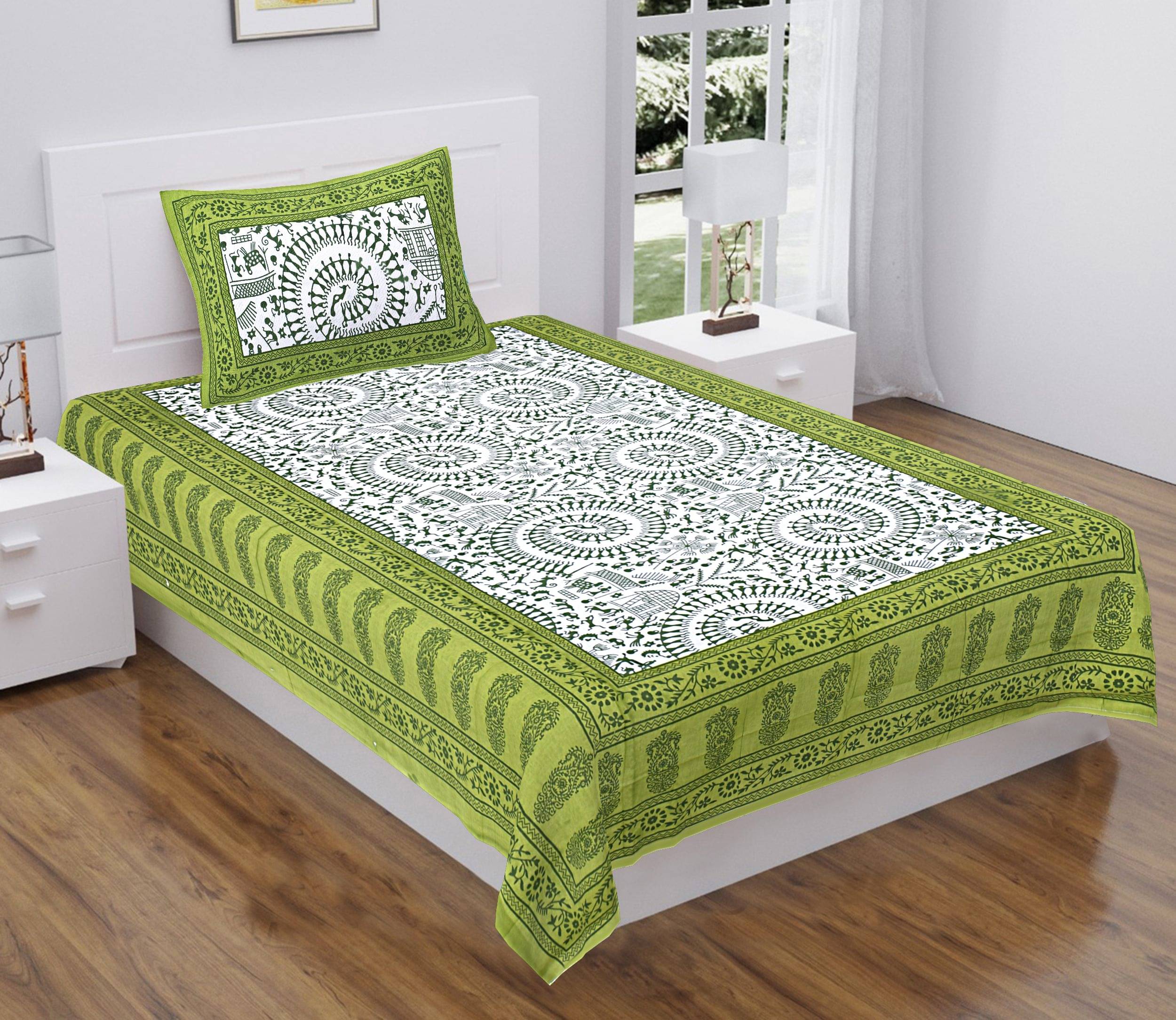     			Navkaar Creation Cotton 1 Single Bedsheet with 1 Pillow Cover ( Green )
