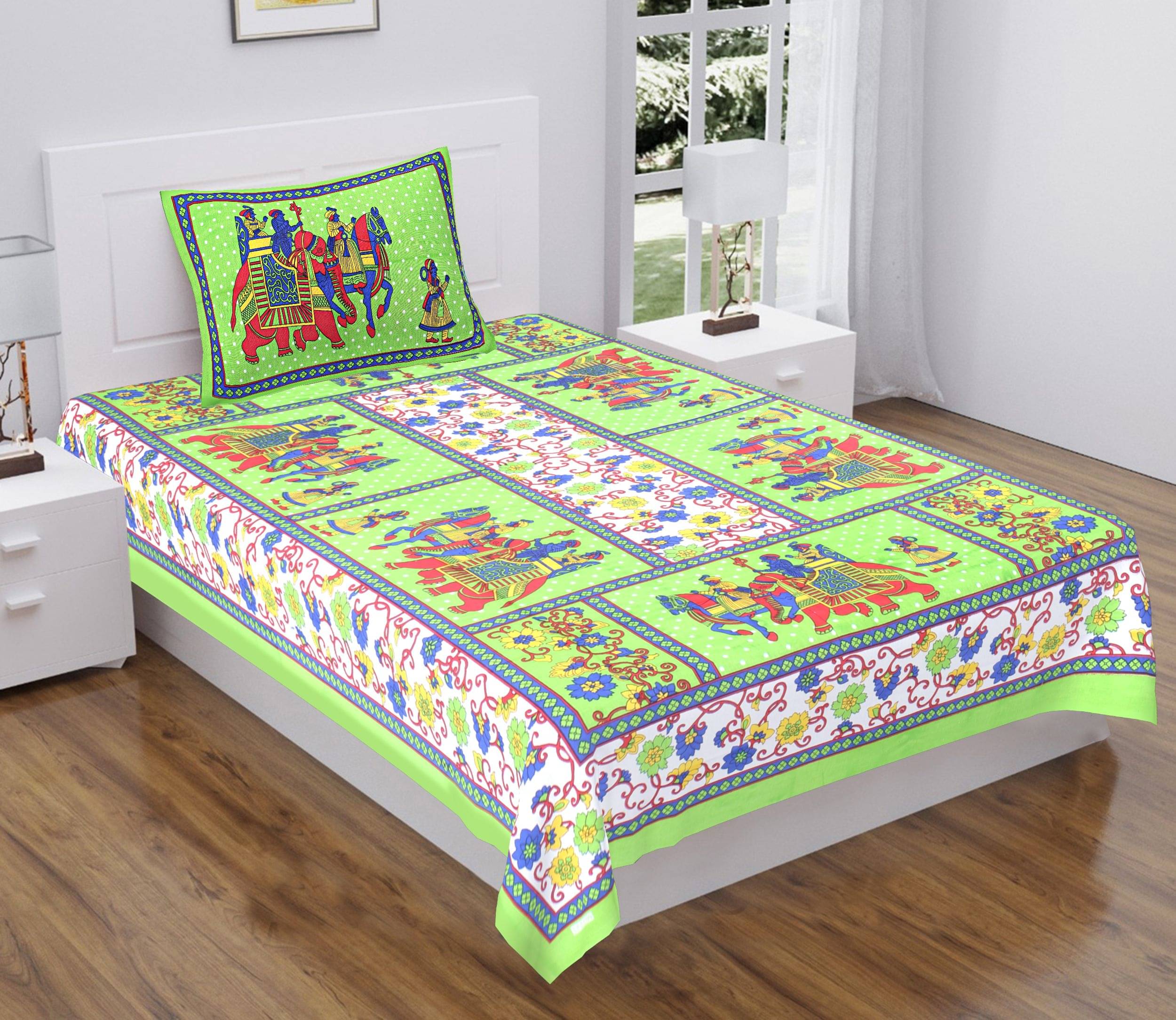     			Navkaar Creation Cotton 1 Single Bedsheet with 1 Pillow Cover ( Green )