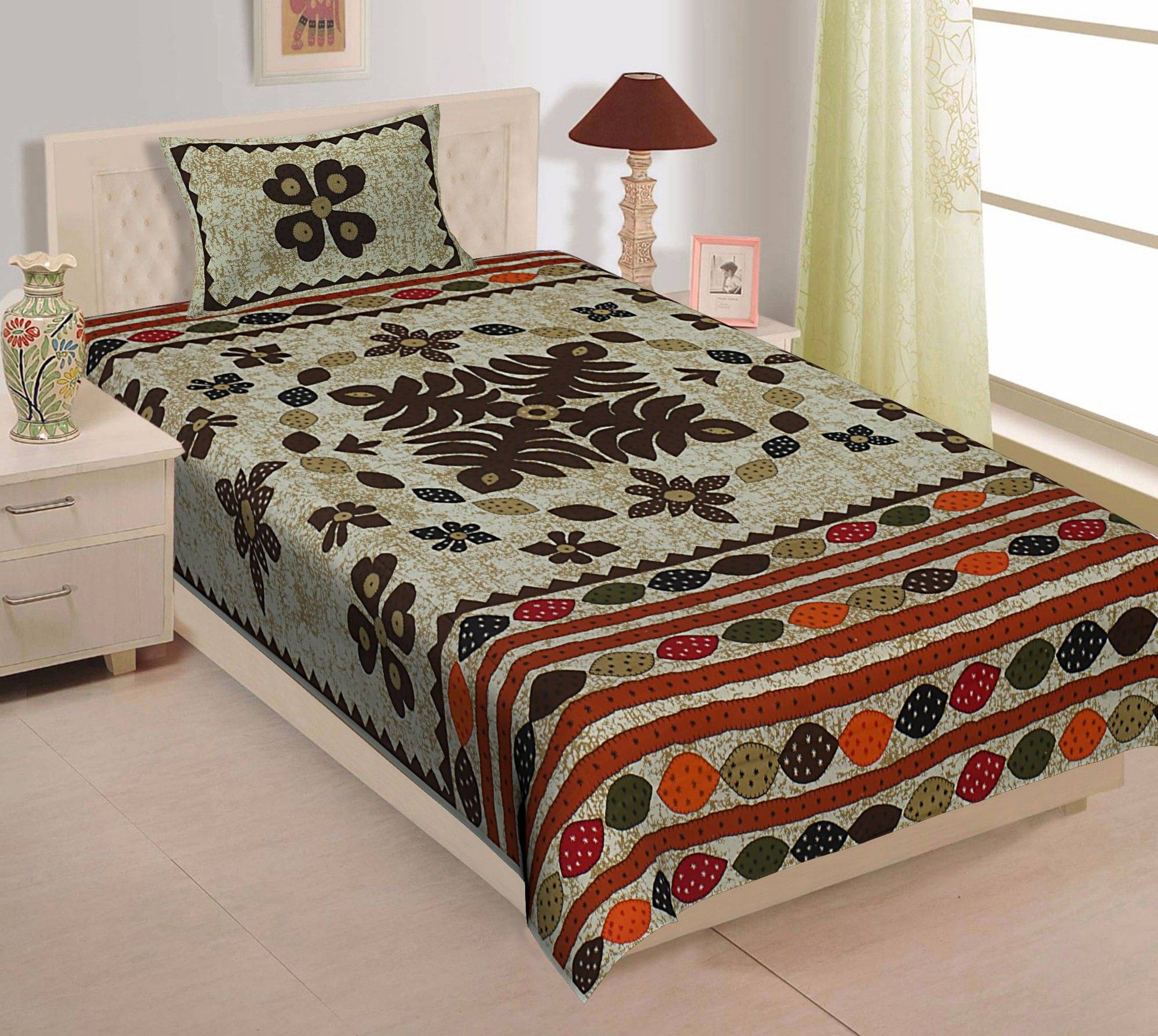     			Navkaar Creation Cotton 1 Single Bedsheet with 1 Pillow Cover ( Multicolor )