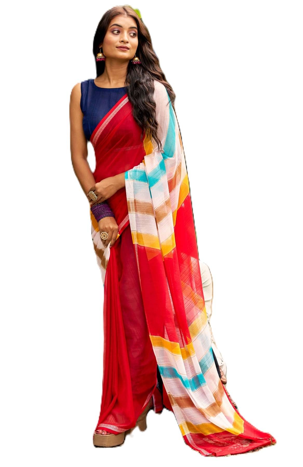     			PANZORA Chiffon Solid Regular Saree Without Blouse Piece ( Red )