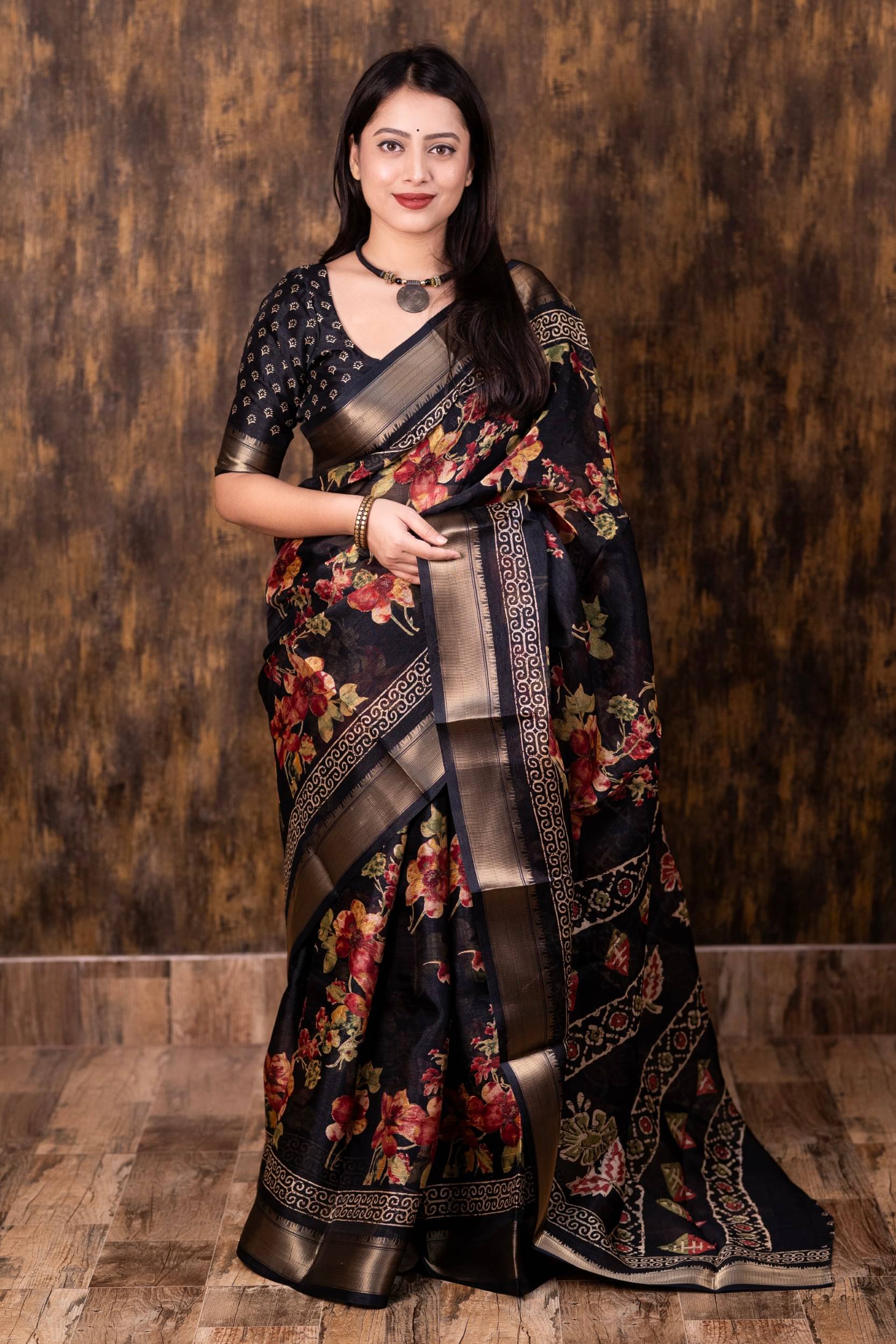     			PANZORA Cotton Silk Solid Regular Saree Without Blouse Piece ( Black )