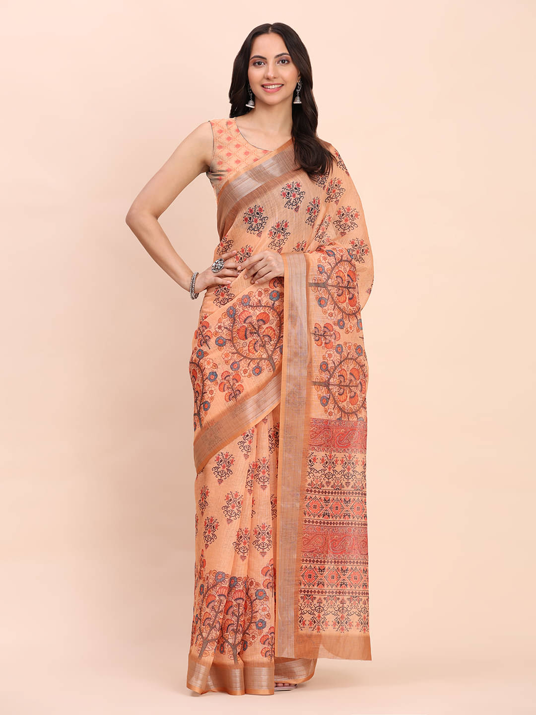     			PANZORA Linen Solid Regular Saree Without Blouse Piece ( Orange )