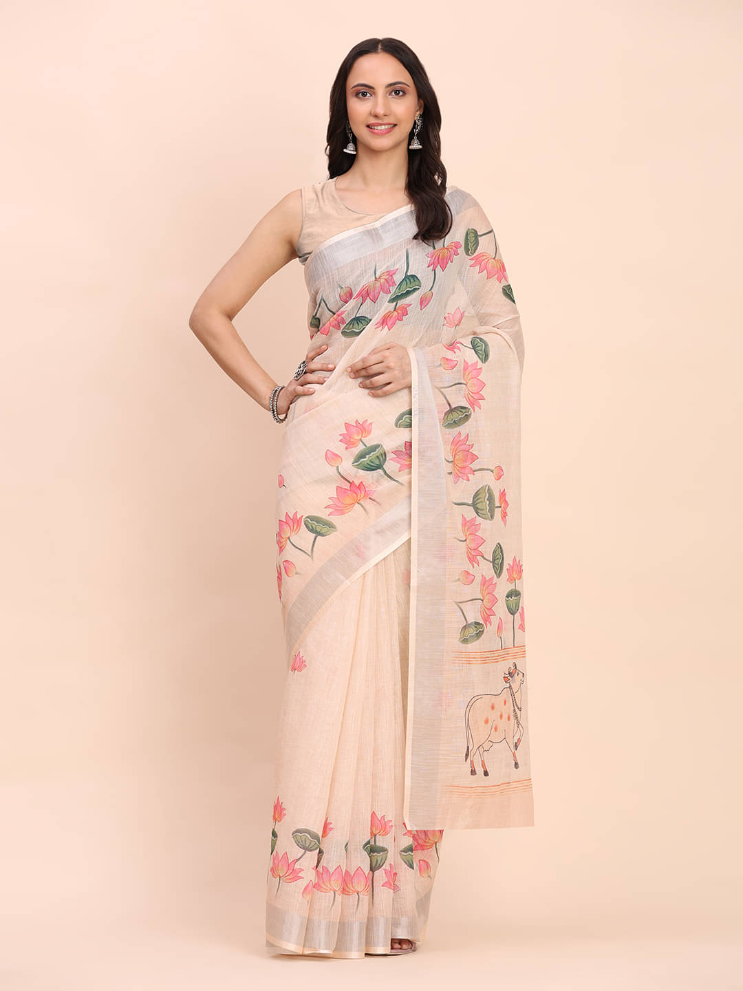     			PANZORA Linen Solid Regular Saree Without Blouse Piece ( Cream )