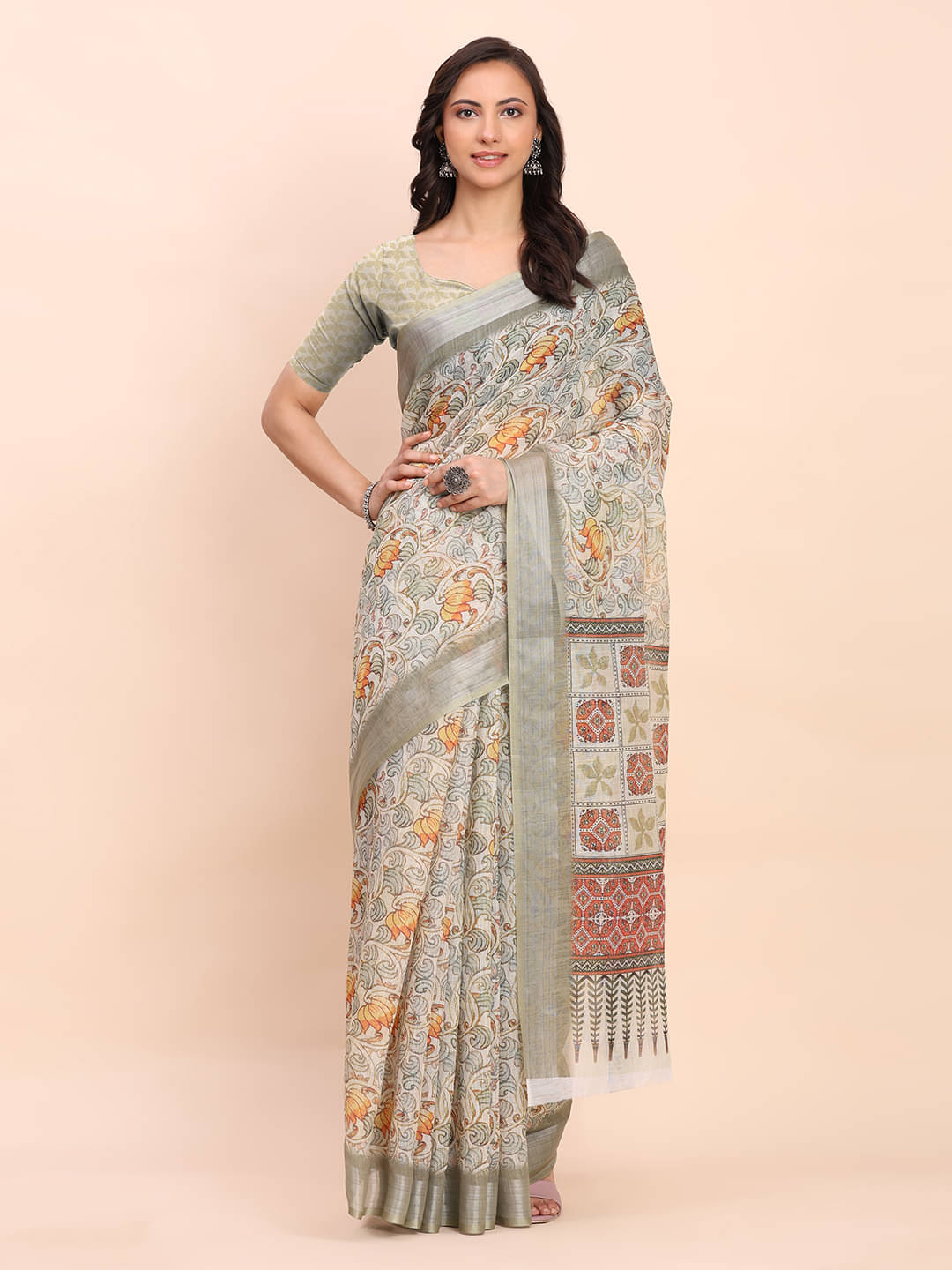     			PANZORA Linen Solid Regular Saree Without Blouse Piece ( Grey )