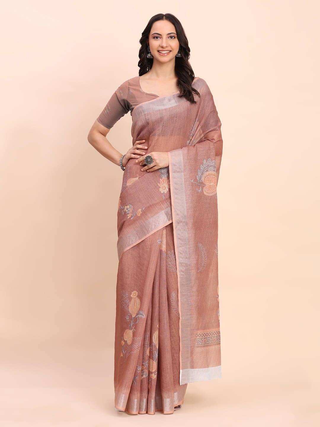     			PANZORA Linen Solid Regular Saree Without Blouse Piece ( Peach )