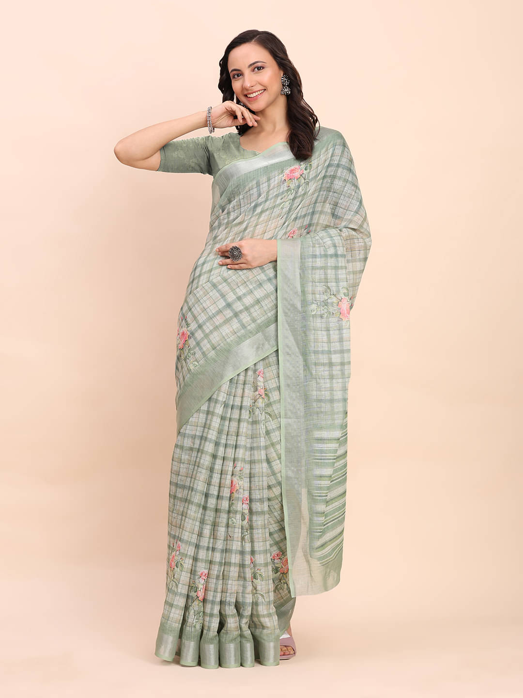     			PANZORA Linen Solid Regular Saree Without Blouse Piece ( Green )