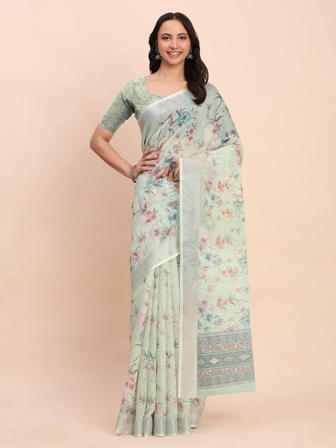 PANZORA Linen Solid Regular Saree Without Blouse Piece ( Sea Green )     			PANZORA Linen Solid Regular Saree Without Blouse Piece ( Sea Green )