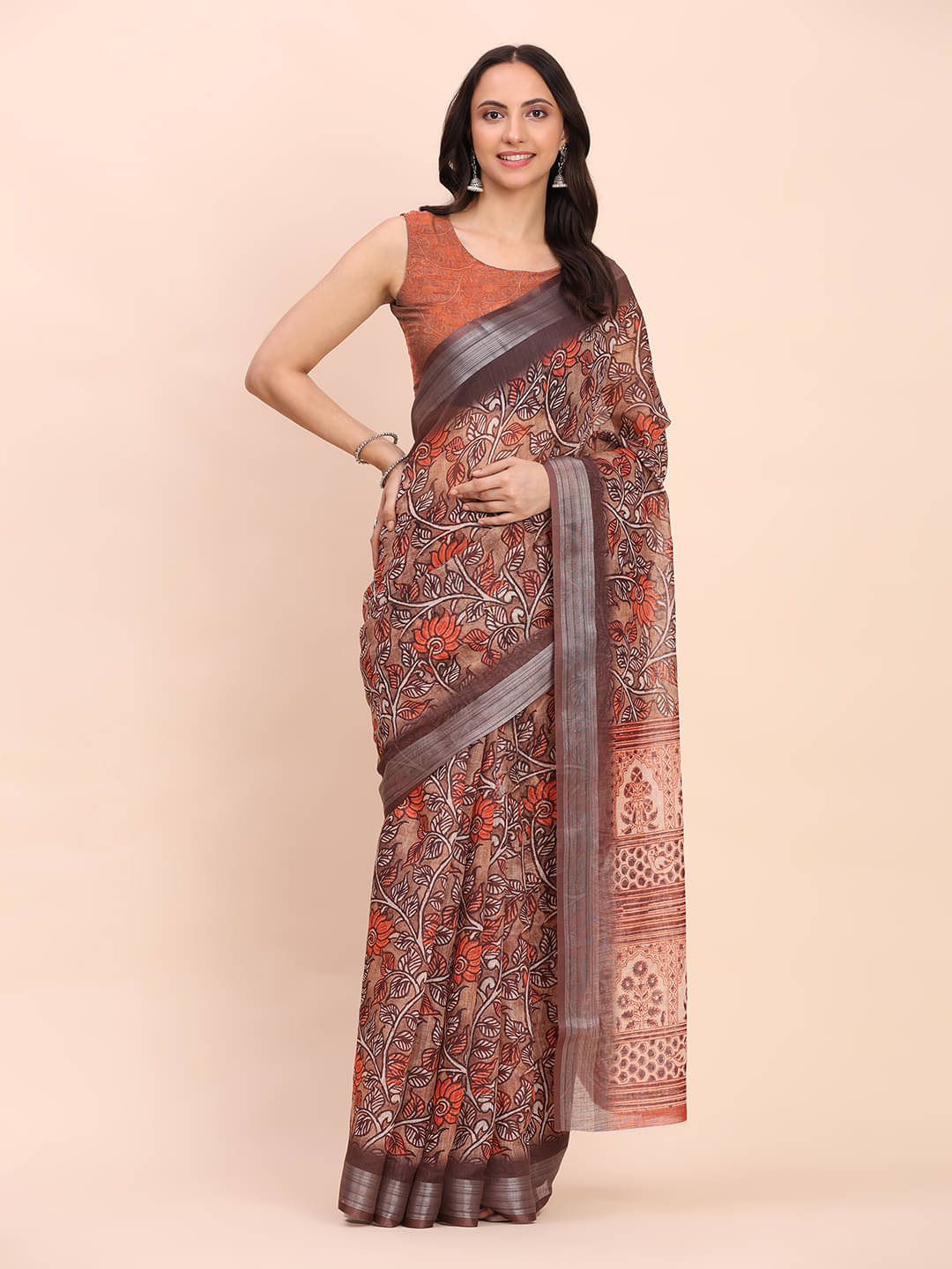     			PANZORA Linen Solid Regular Saree Without Blouse Piece ( Brown )