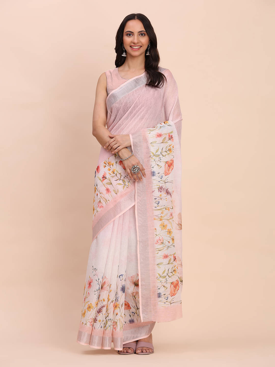     			PANZORA Linen Solid Regular Saree Without Blouse Piece ( Pink )
