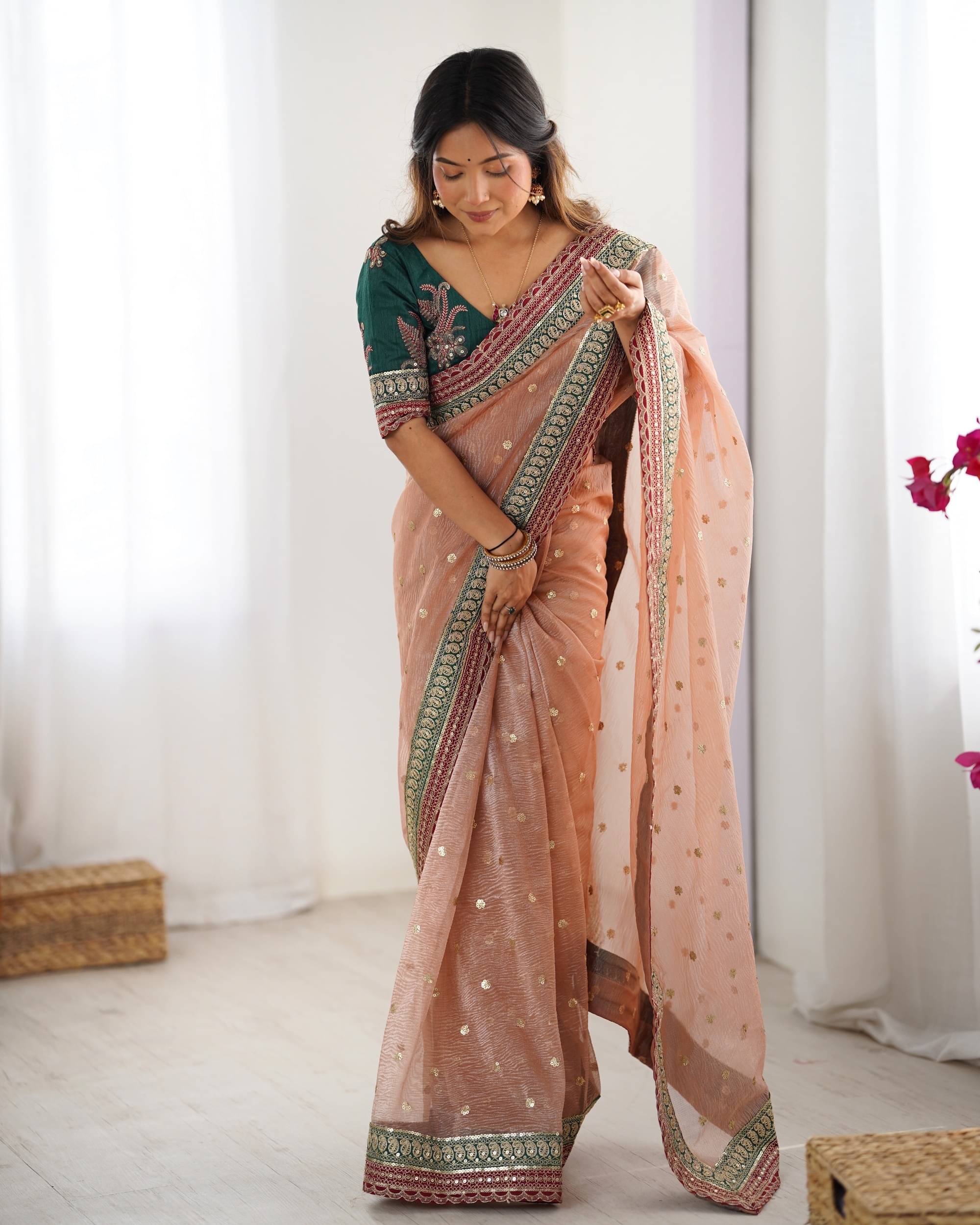 PANZORA Silk Solid Regular Saree Without Blouse Piece ( Peach )     			PANZORA Silk Solid Regular Saree Without Blouse Piece ( Peach )