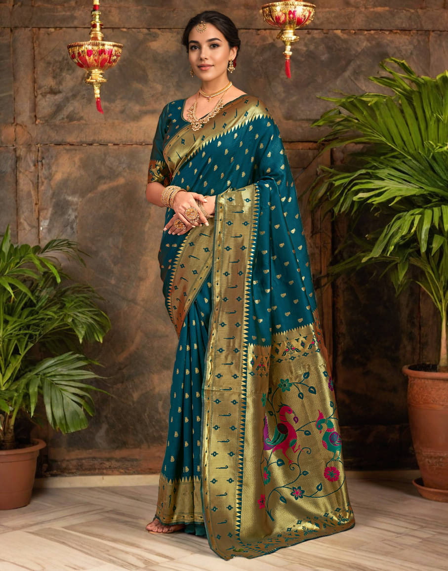PANZORA Silk Solid Regular Saree Without Blouse Piece ( Teal ) PANZORA Silk Solid Regular Saree Without Blouse Piece ( Teal )
