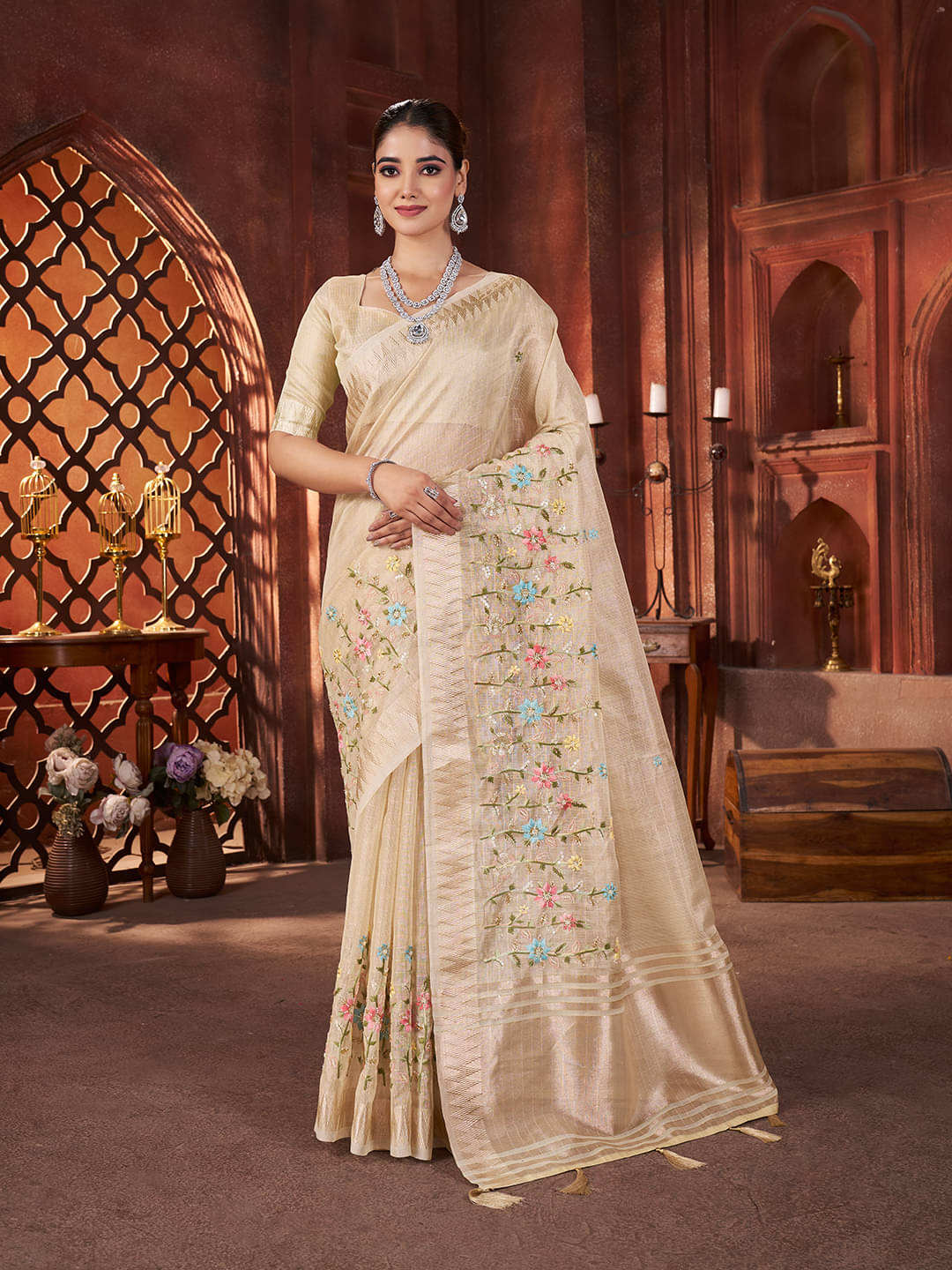     			PANZORA Silk Solid Regular Saree Without Blouse Piece ( Cream )