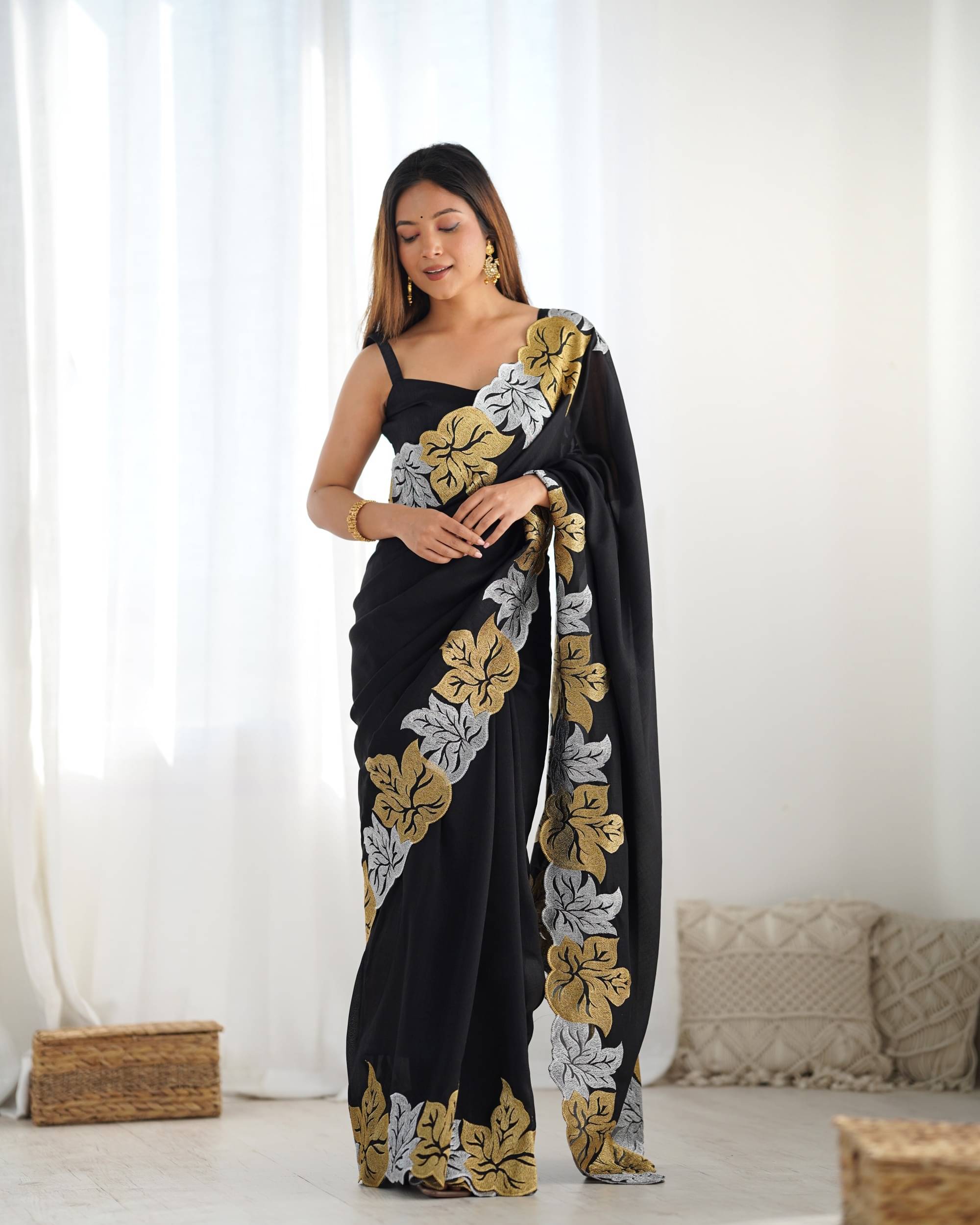     			PANZORA Silk Solid Regular Saree Without Blouse Piece ( Black )