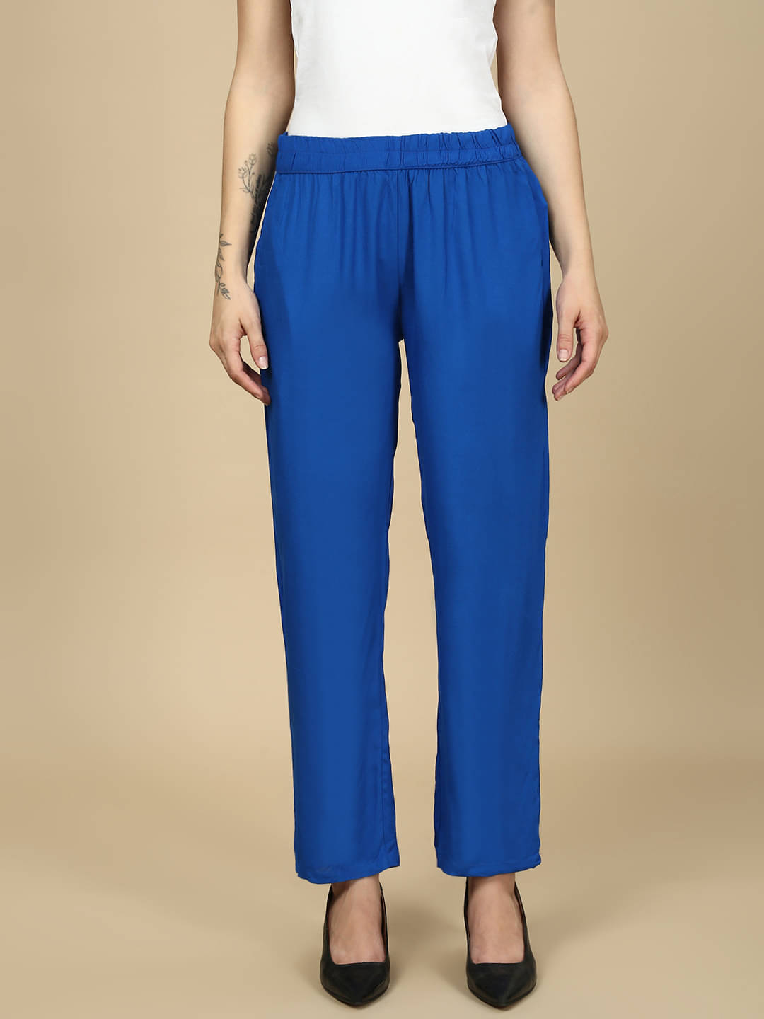 PYNK Women Rayon Casual Trousers ( Blue ) PYNK Women Rayon Casual Trousers ( Blue )