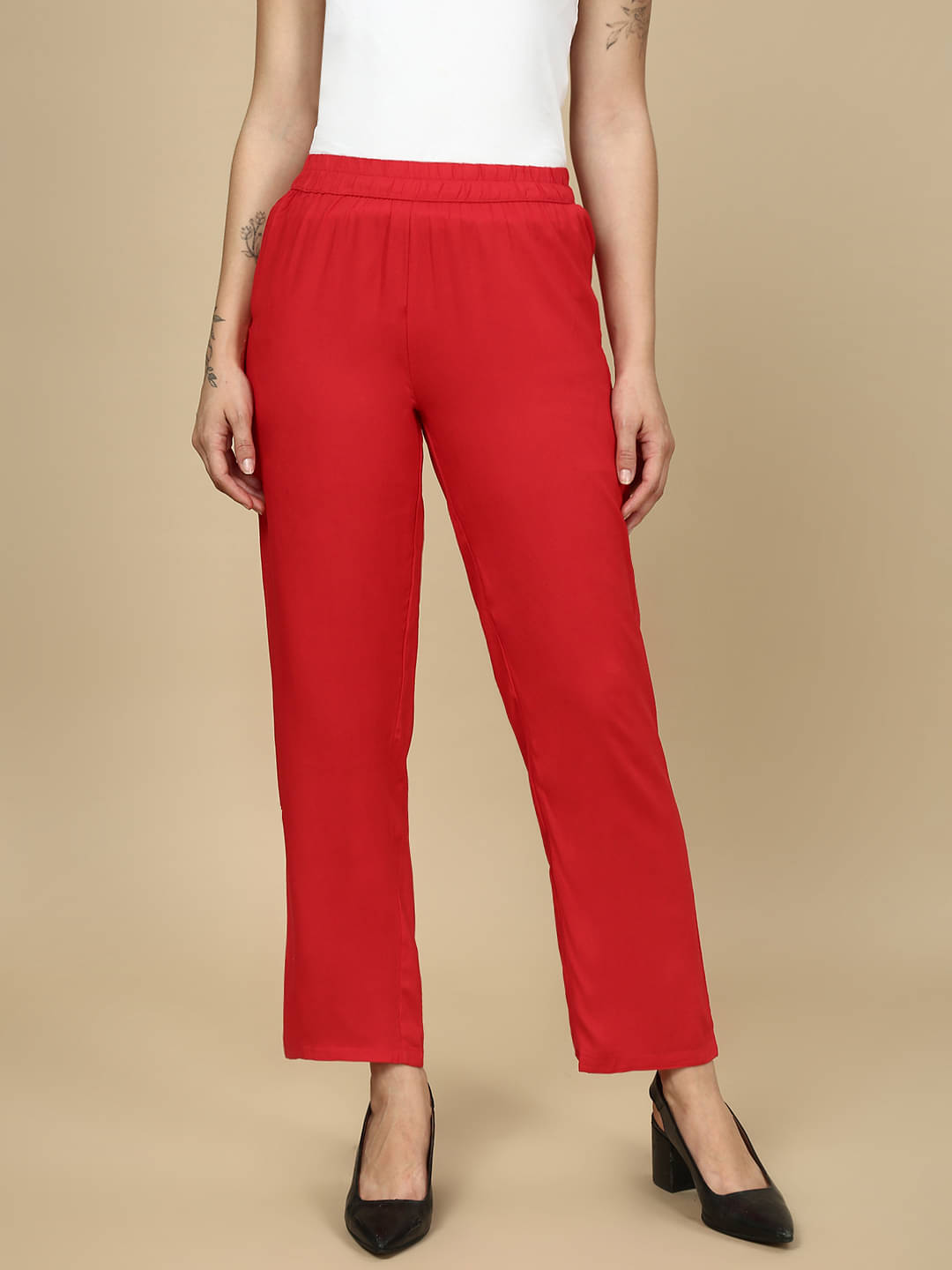     			PYNK Women Rayon Casual Trousers ( Red )