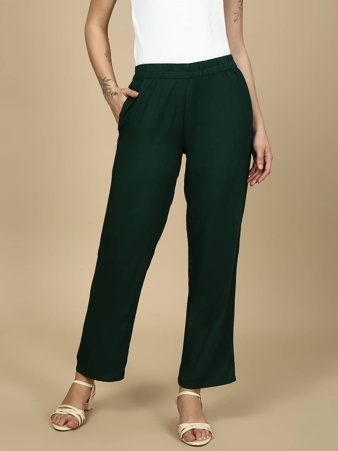 PYNK Women Rayon Casual Trousers ( Green ) PYNK Women Rayon Casual Trousers ( Green )
