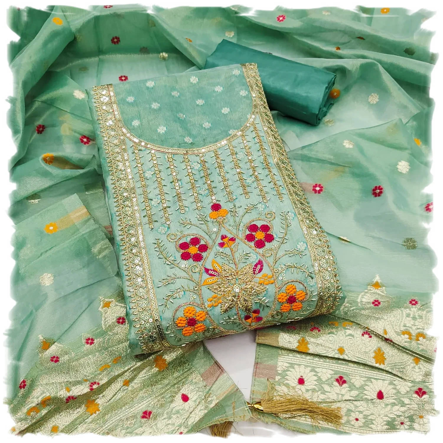     			Panbai sarees Women Silk Unstitched Dress Material ( Teal )