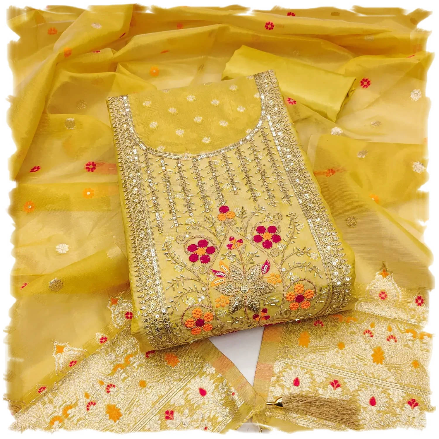     			Panbai sarees Women Silk Unstitched Dress Material ( Yellow )