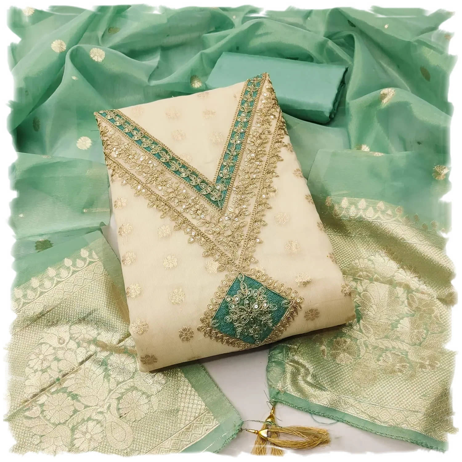     			Panbai sarees Women Silk Unstitched Dress Material ( Sea Green )