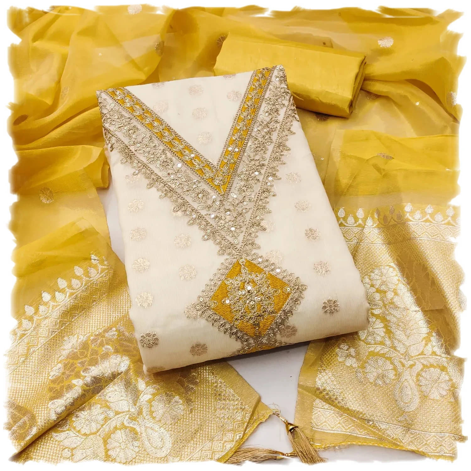     			Panbai sarees Women Silk Unstitched Dress Material ( Yellow )