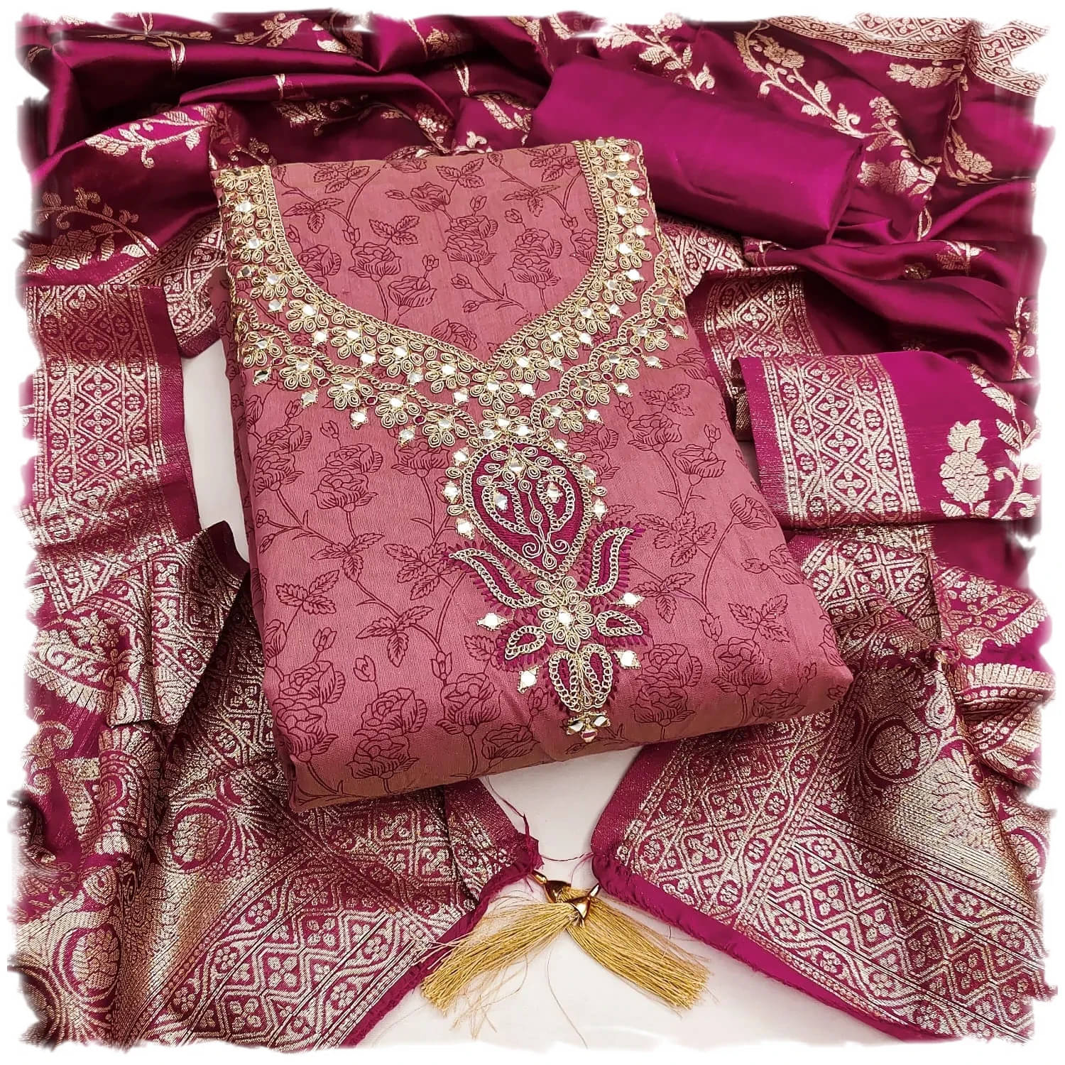 Panbai sarees Women Silk Unstitched Dress Material ( Pink )     			Panbai sarees Women Silk Unstitched Dress Material ( Pink )