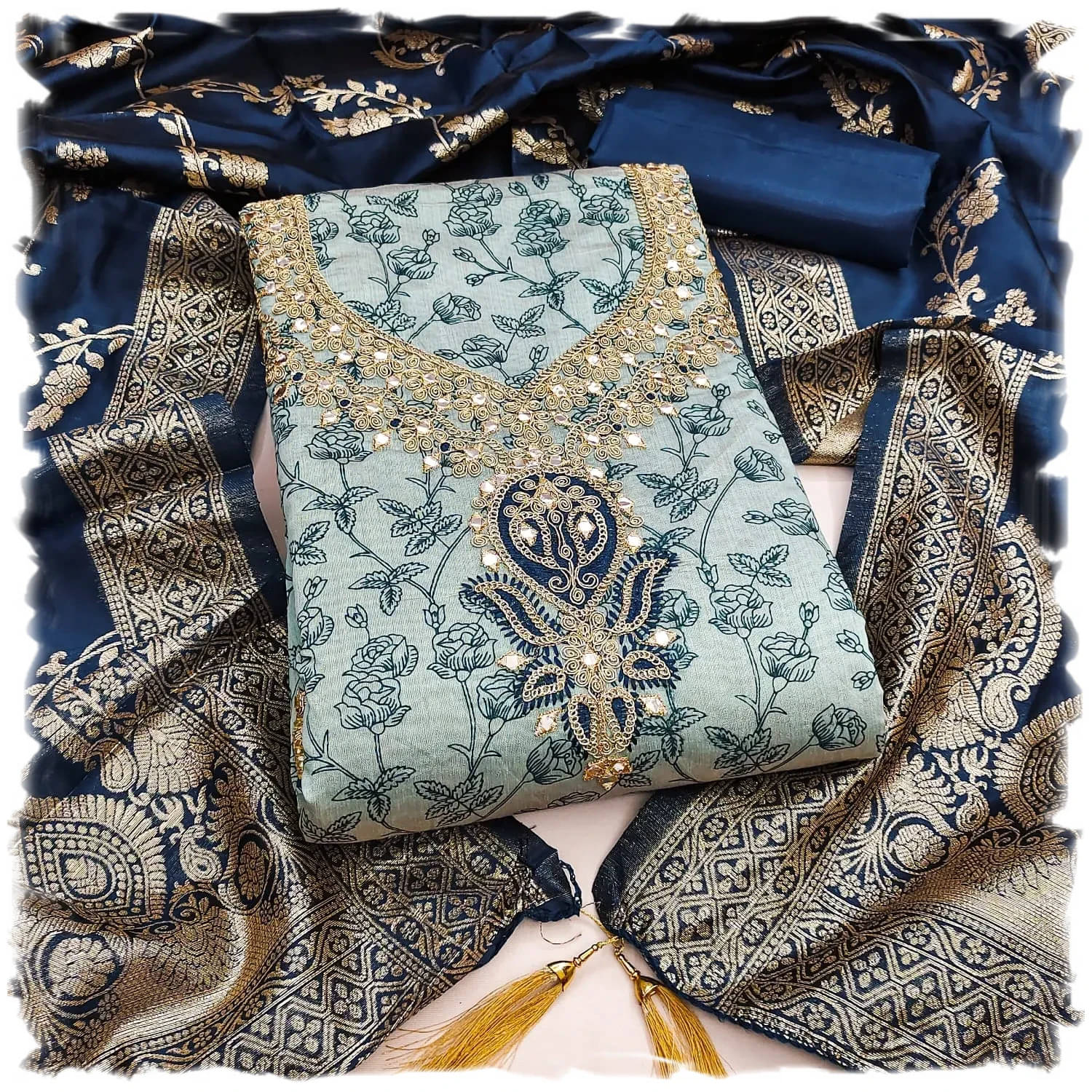 Panbai sarees Women Silk Unstitched Dress Material ( Blue ) Panbai sarees Women Silk Unstitched Dress Material ( Blue )