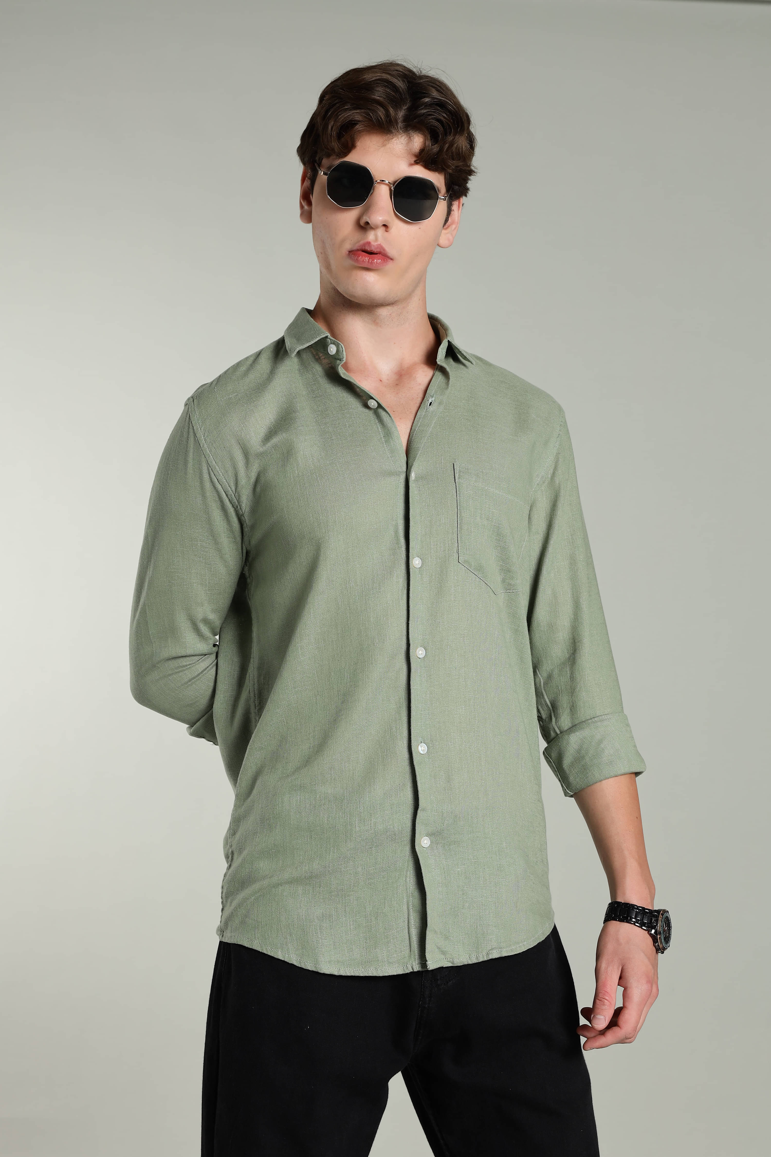     			Paul Street Linen Slim Fit Solids Full Sleeves Men's Casual Shirt - Green ( Pack of 1 )