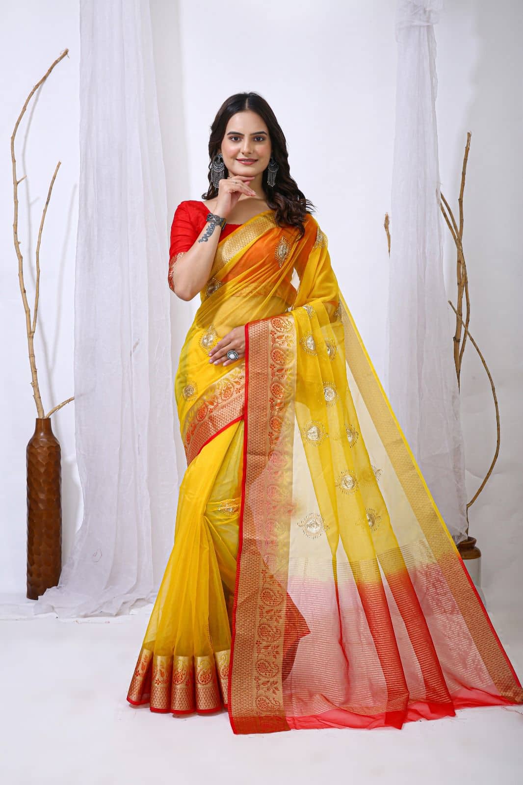 Rangtulika Ethnics Organza Solid Banarasi saree With Unstitched Blouse Piece ( Yellow ) - Sarees | Buy online on ZillyBuy