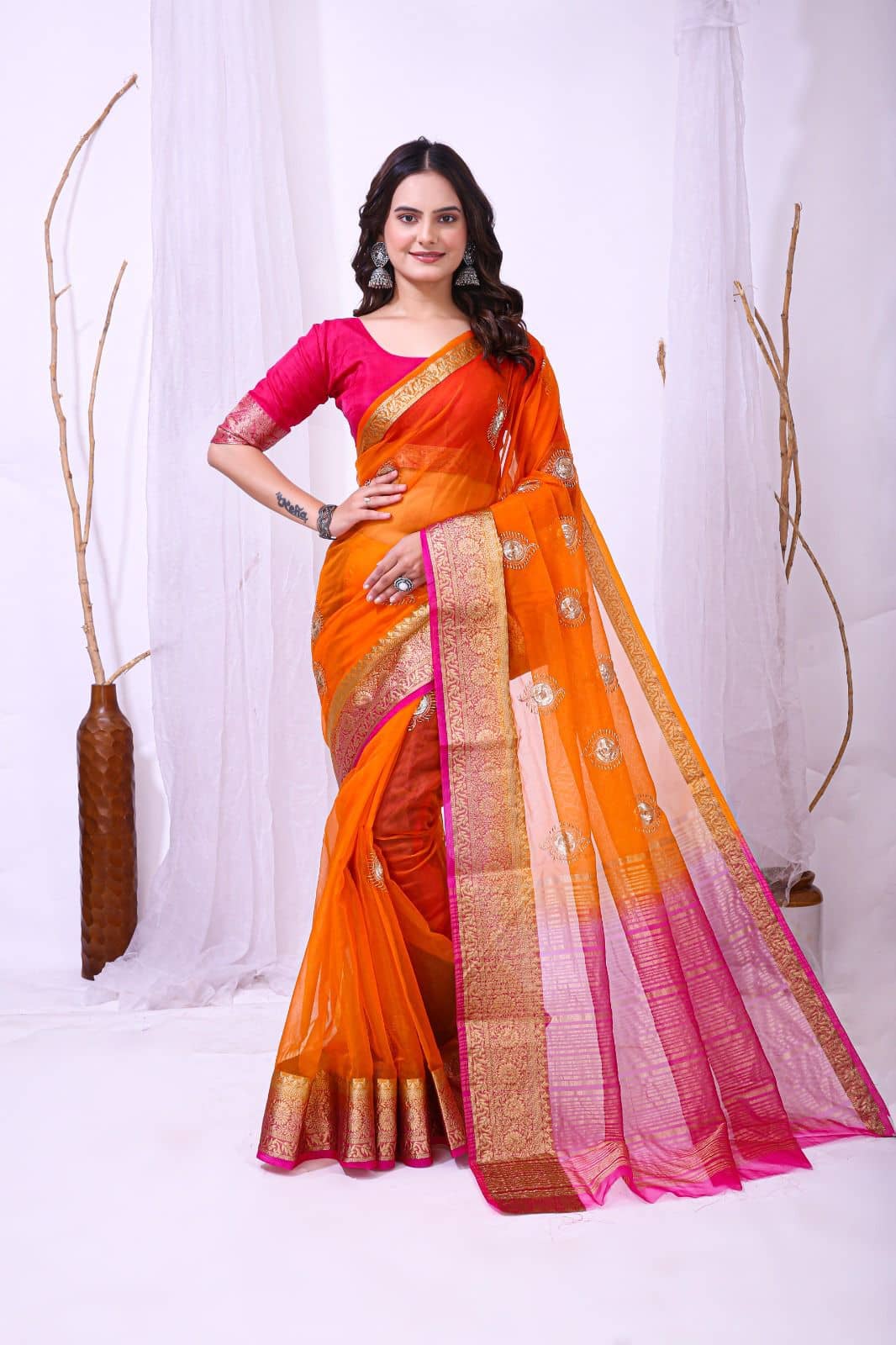 Rangtulika Ethnics Organza Solid Banarasi saree With Unstitched Blouse Piece ( Orange ) - Sarees | Buy online on ZillyBuy
