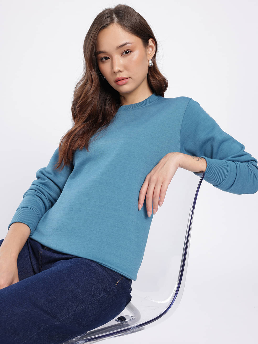     			Riss Women's Cotton Blend Round Neck Sweatshirt ( Blue )