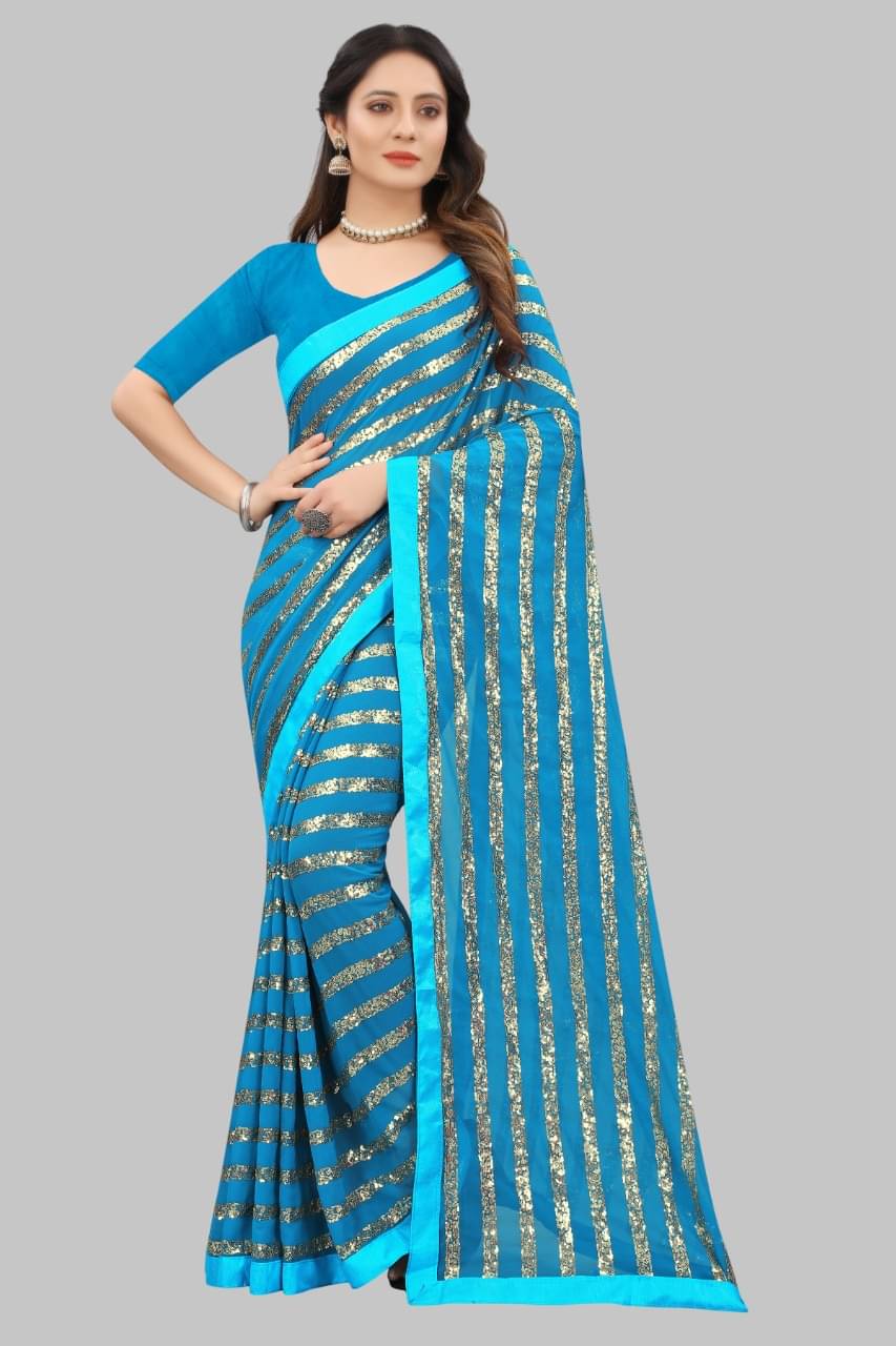 SATVASHIV Georgette Embroidered Regular Saree With Unstitched Blouse Piece ( Turquoise ) SATVASHIV Georgette Embroidered Regular Saree With Unstitched Blouse Piece ( Turquoise )