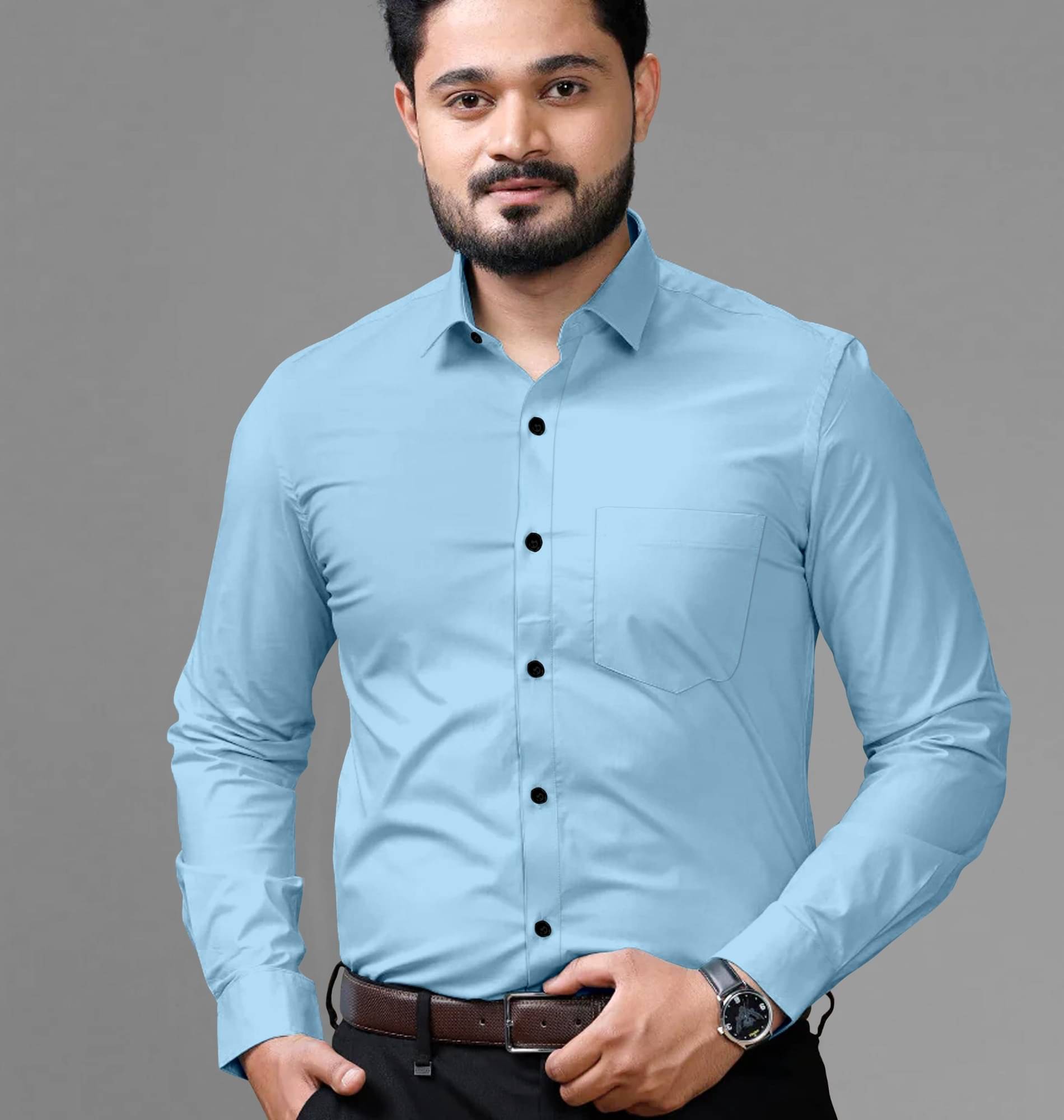 Shiv Sales Cotton Blend Regular Fit Solids Full Sleeves Men's Casual Shirt - Light Blue ( Pack of 1 )     			Shiv Sales Cotton Blend Regular Fit Solids Full Sleeves Men's Casual Shirt - Light Blue ( Pack of 1 )