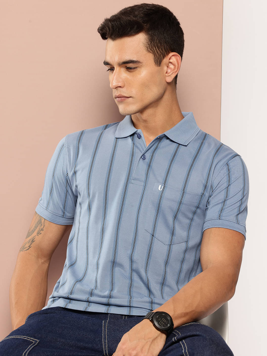     			UNIBERRY Men Cotton Blend Regular Fit Striped Polo T Shirt ( Blue )