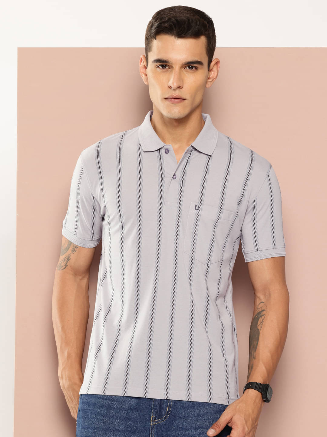     			UNIBERRY Men Cotton Blend Regular Fit Striped Polo T Shirt ( Grey )